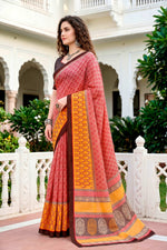 Thumbnail for Sangam Prints Brick Red Mustard Cotton Blend Woven Work Traditional Saree - Dista