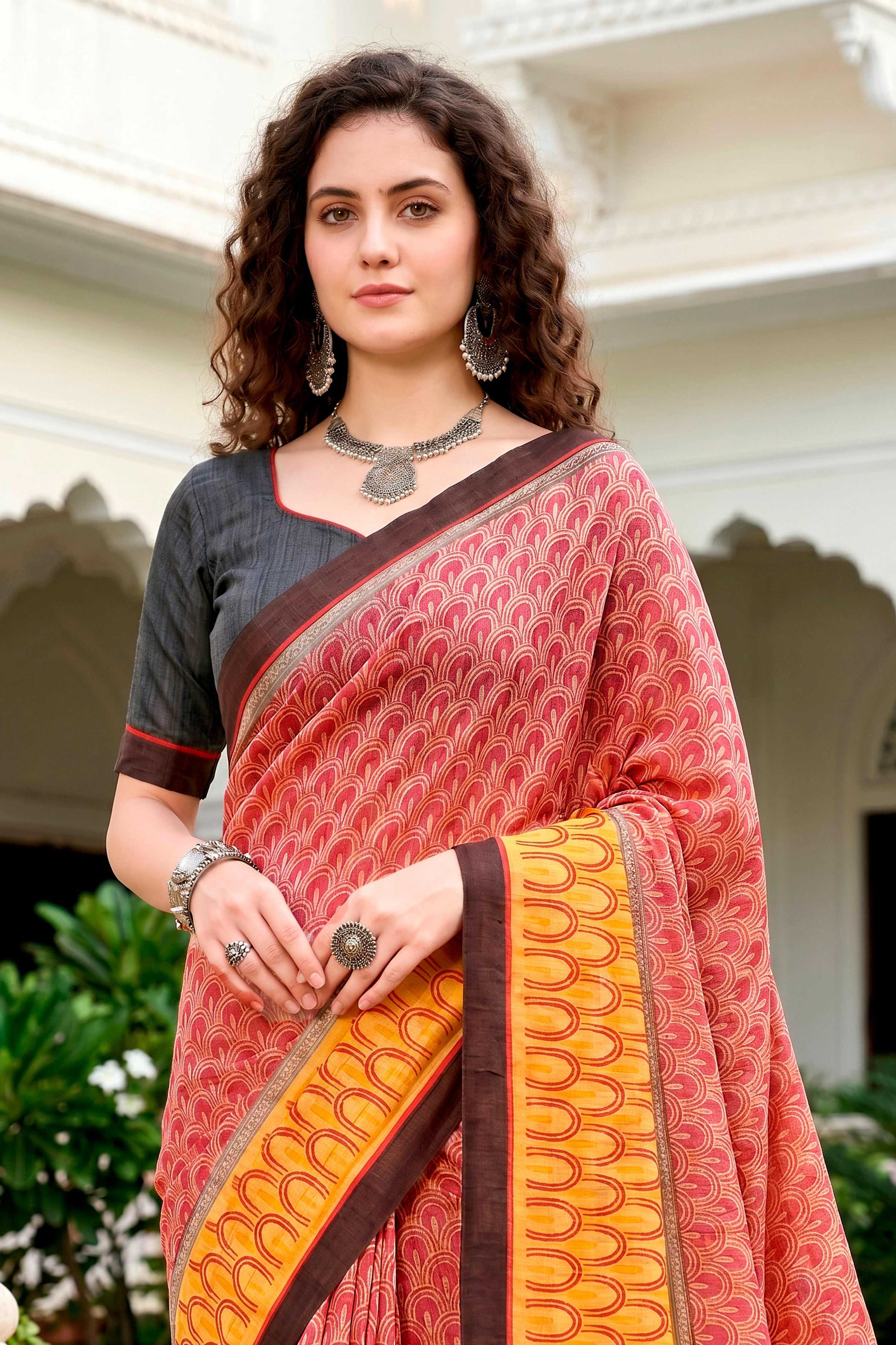 Sangam Prints Brick Red Mustard Cotton Blend Woven Work Traditional Saree - Dista
