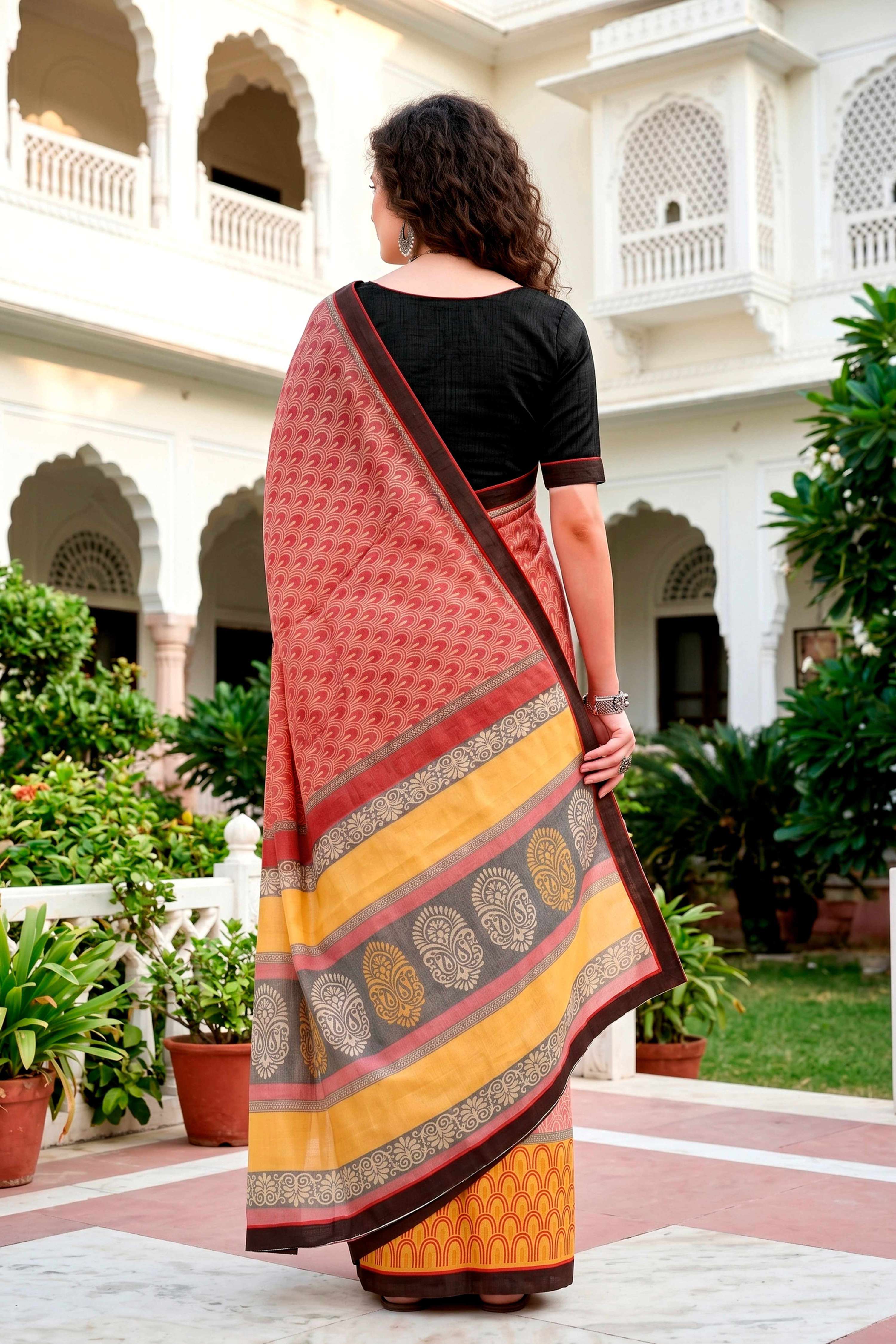 Sangam Prints Brick Red Mustard Cotton Blend Woven Work Traditional Saree - Dista