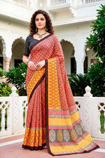 Thumbnail for Sangam Prints Brick Red Mustard Cotton Blend Woven Work Traditional Saree - Dista