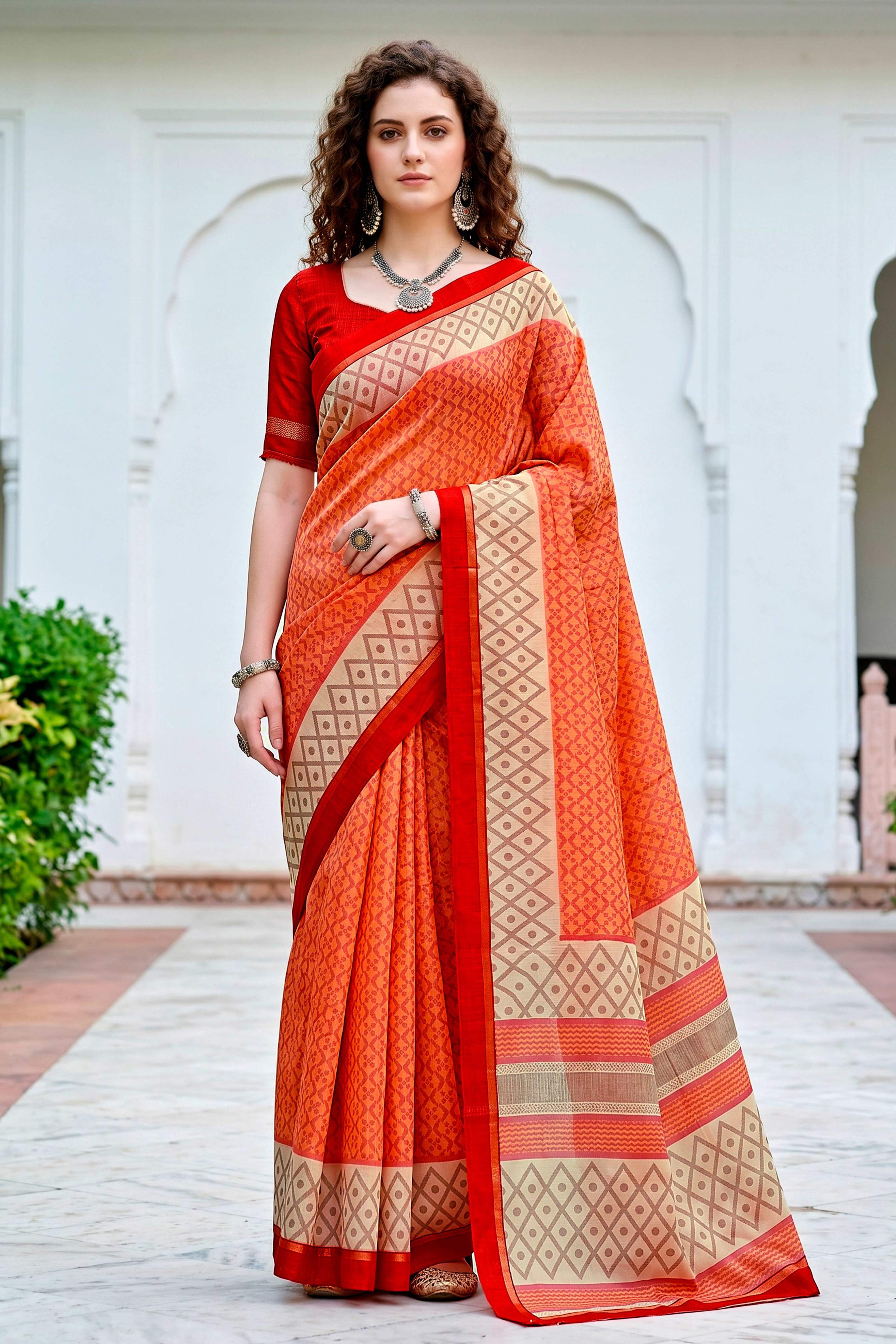 Sangam Prints Bright Orange Cotton Blend Woven Work Traditional Saree - Dista