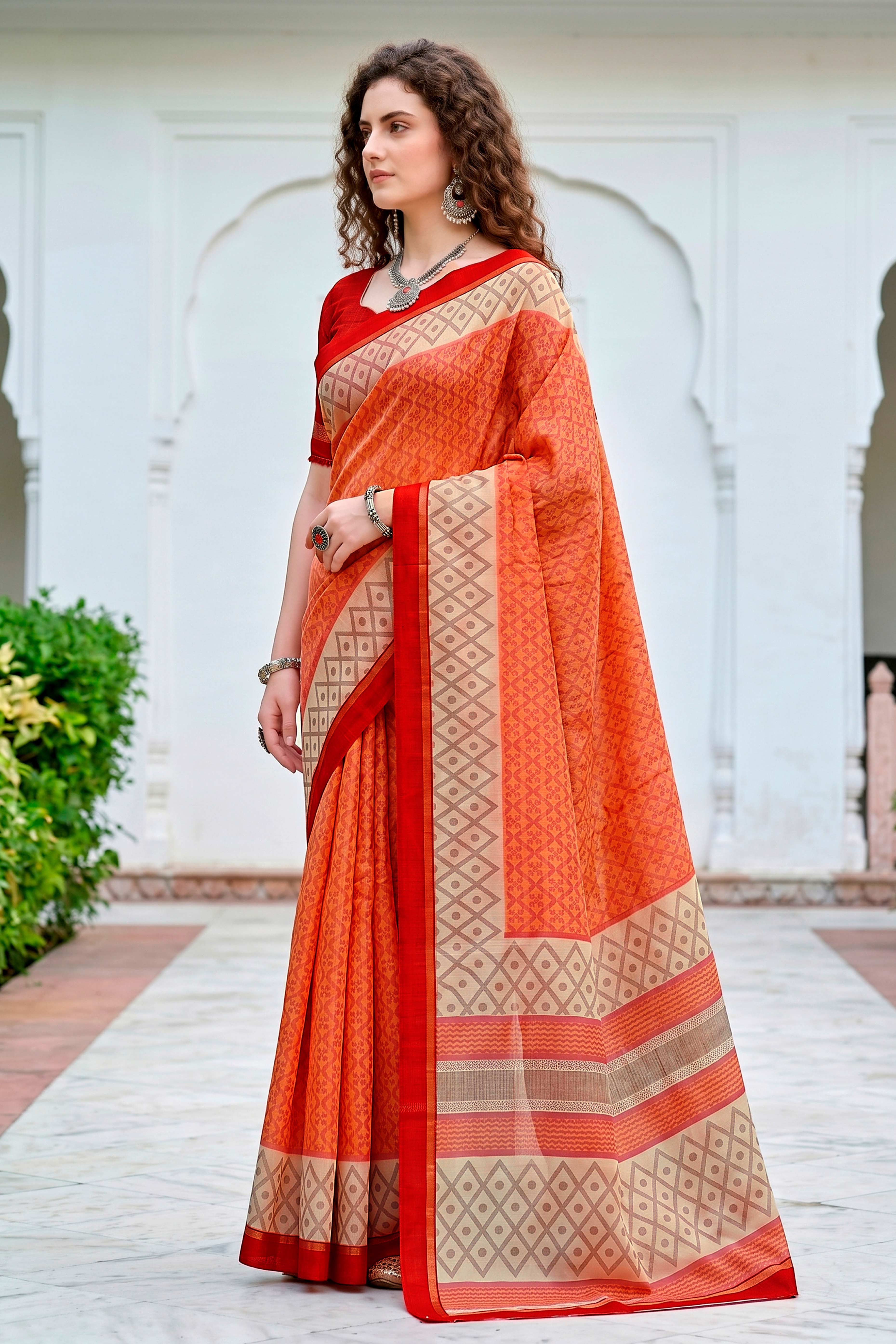 Sangam Prints Bright Orange Cotton Blend Woven Work Traditional Saree - Dista