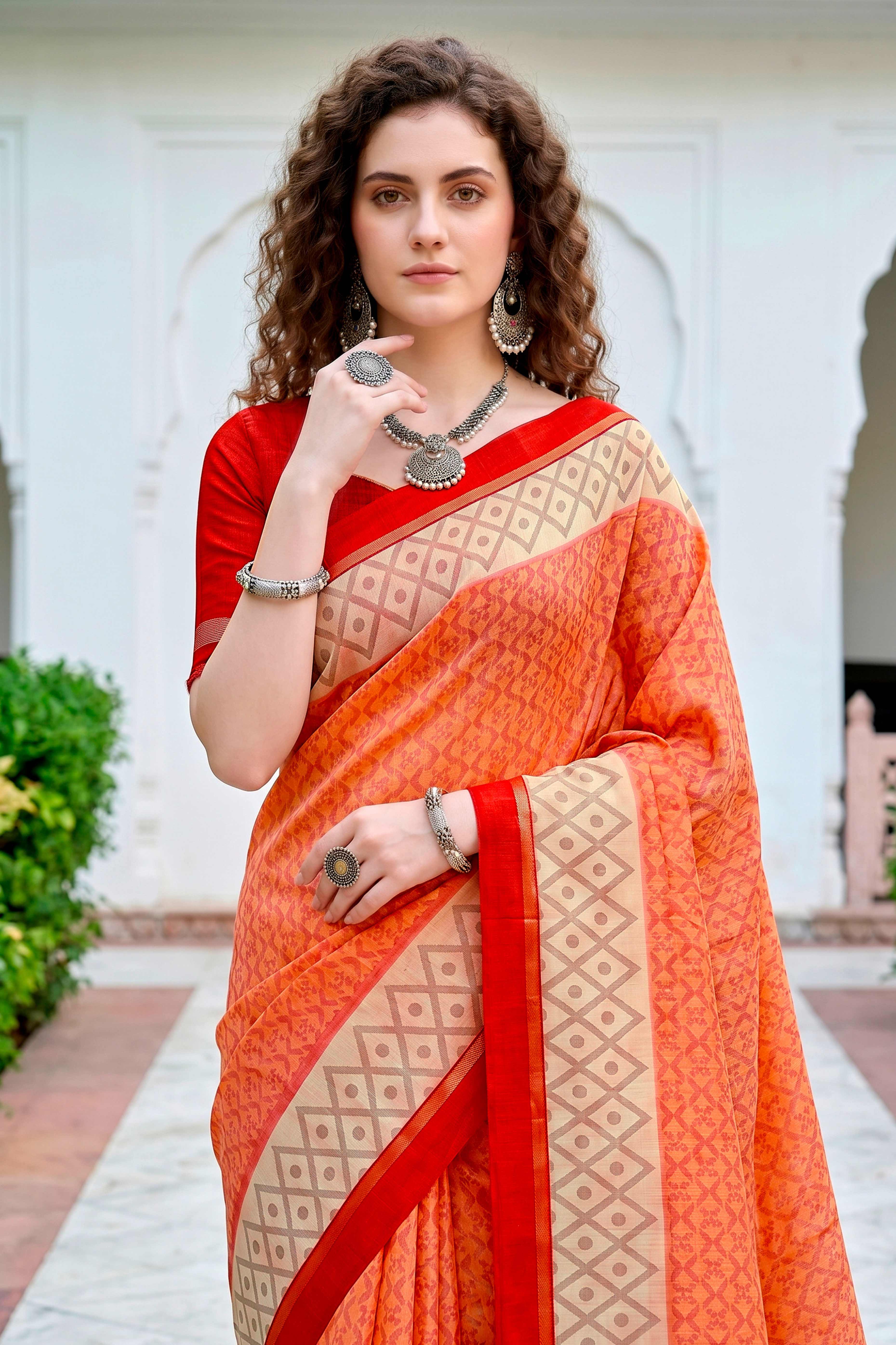Sangam Prints Bright Orange Cotton Blend Woven Work Traditional Saree - Dista