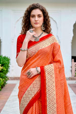 Thumbnail for Sangam Prints Bright Orange Cotton Blend Woven Work Traditional Saree - Dista