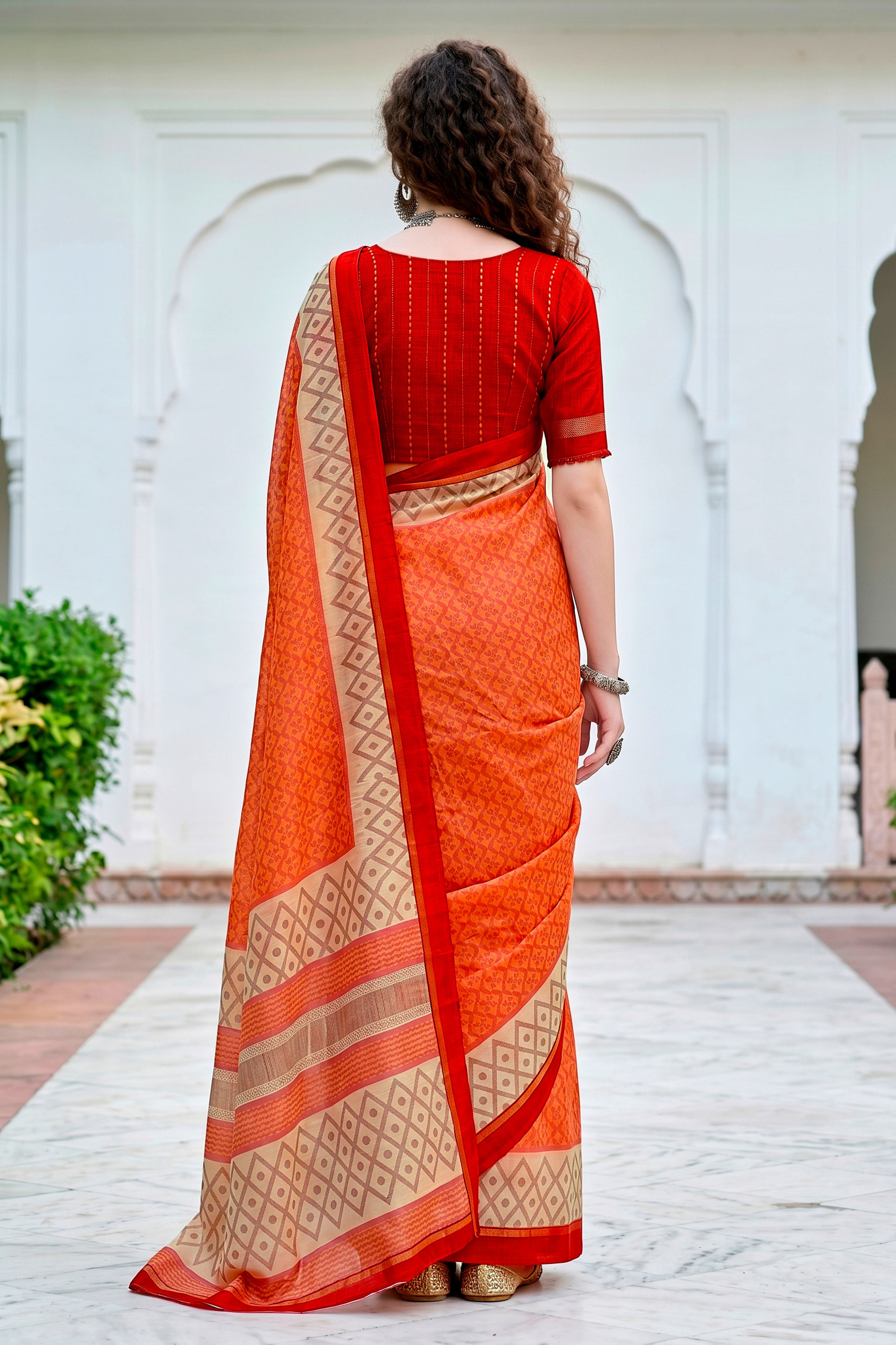 Sangam Prints Bright Orange Cotton Blend Woven Work Traditional Saree - Dista
