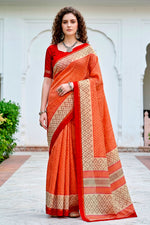Thumbnail for Sangam Prints Bright Orange Cotton Blend Woven Work Traditional Saree - Dista
