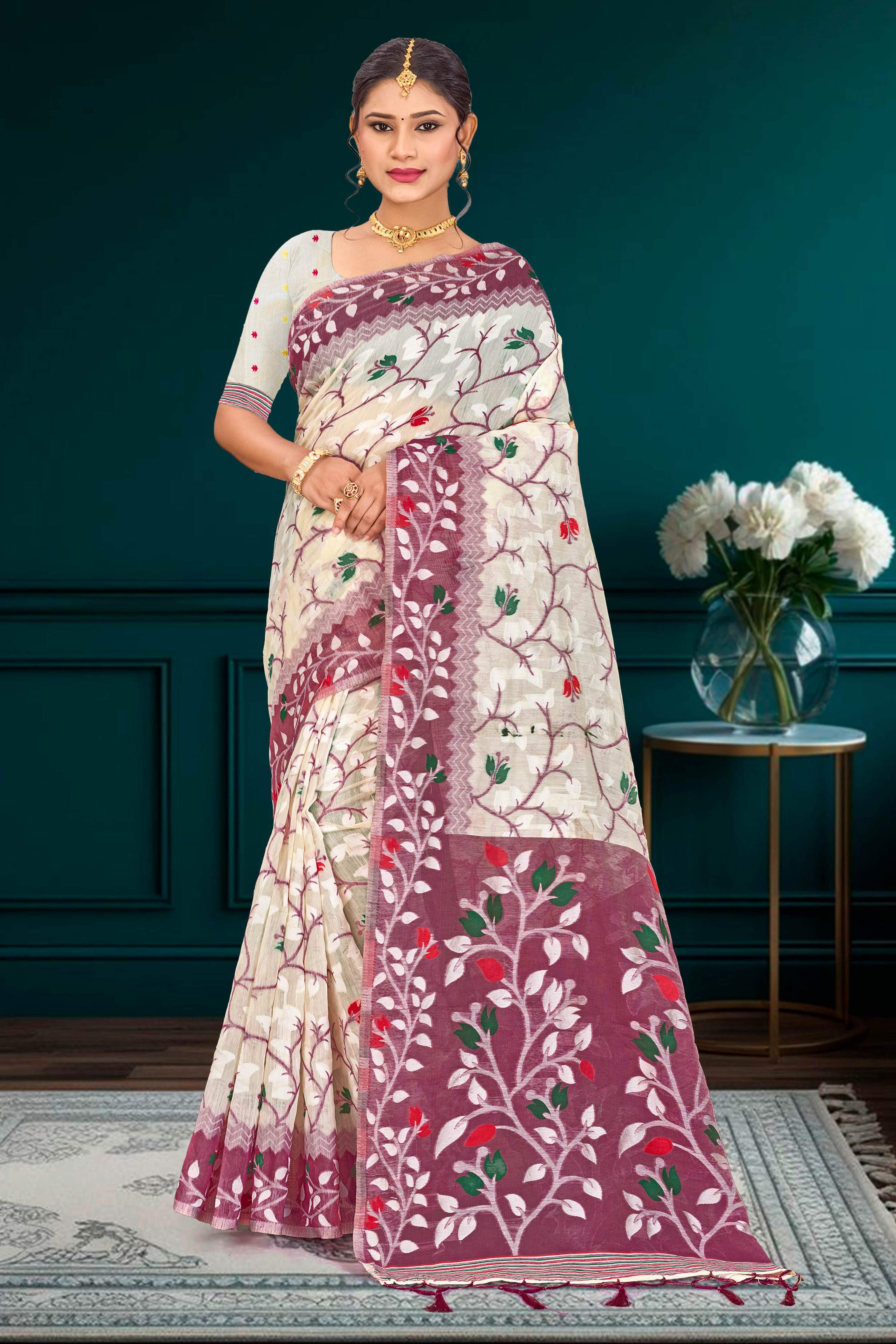Sangam Prints Purple Cotton Blend Woven Work Traditional Saree - Dista