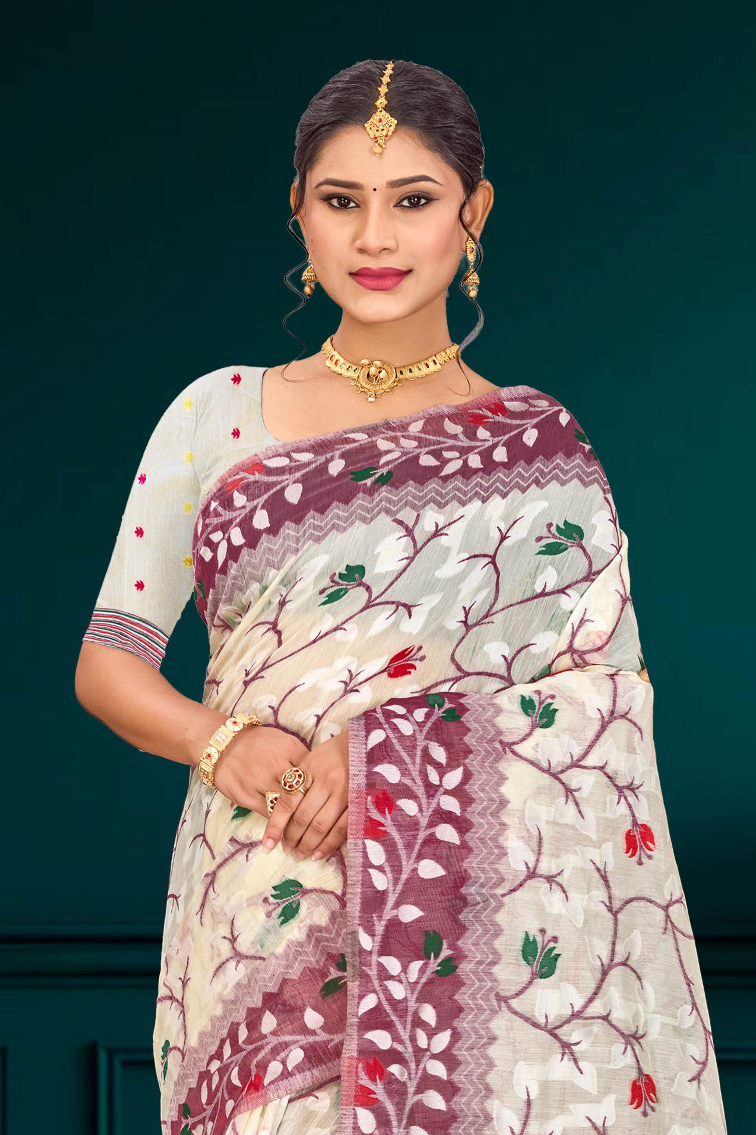 Sangam Prints Purple Cotton Blend Woven Work Traditional Saree - Dista