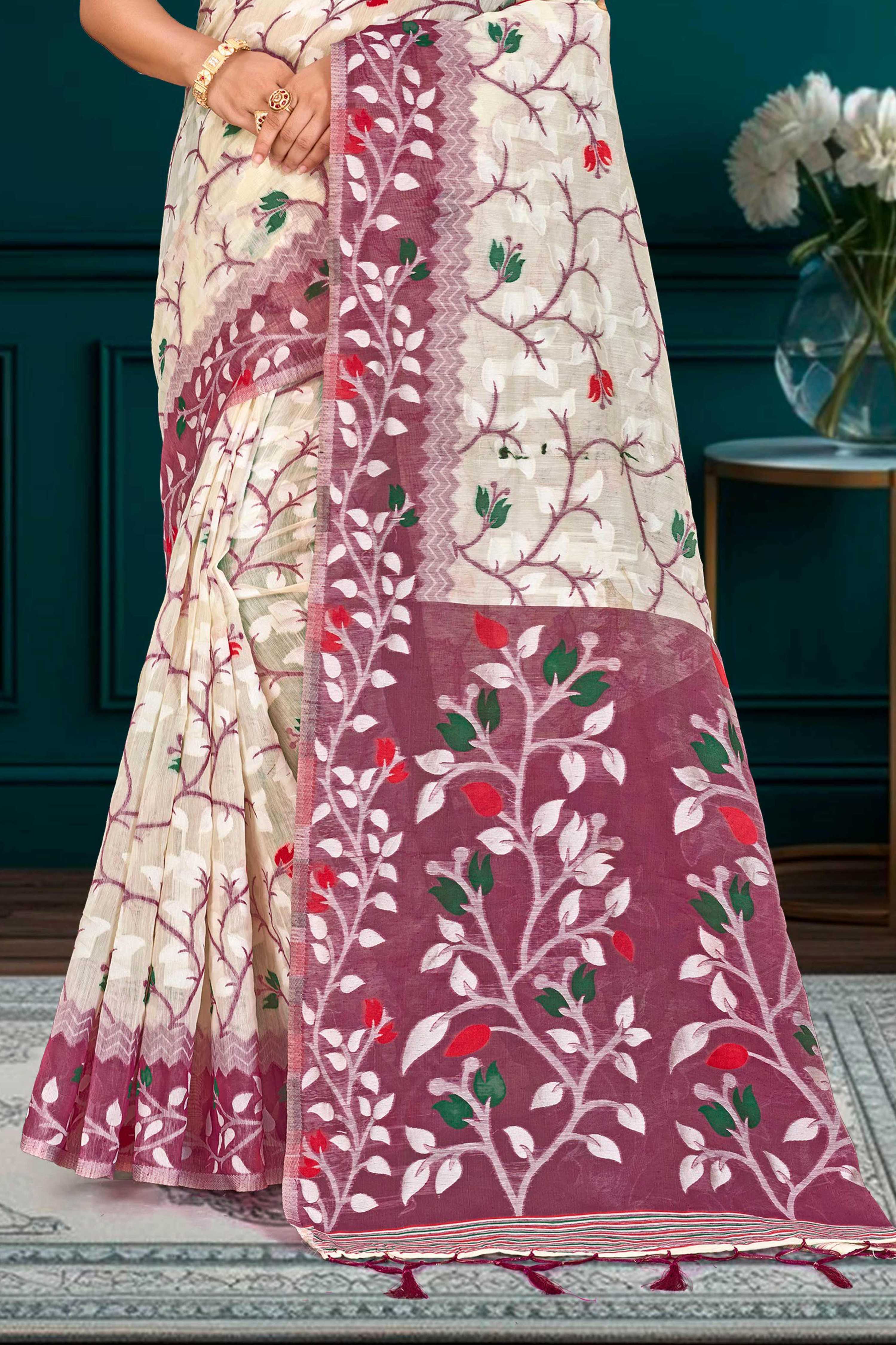 Sangam Prints Purple Cotton Blend Woven Work Traditional Saree - Dista