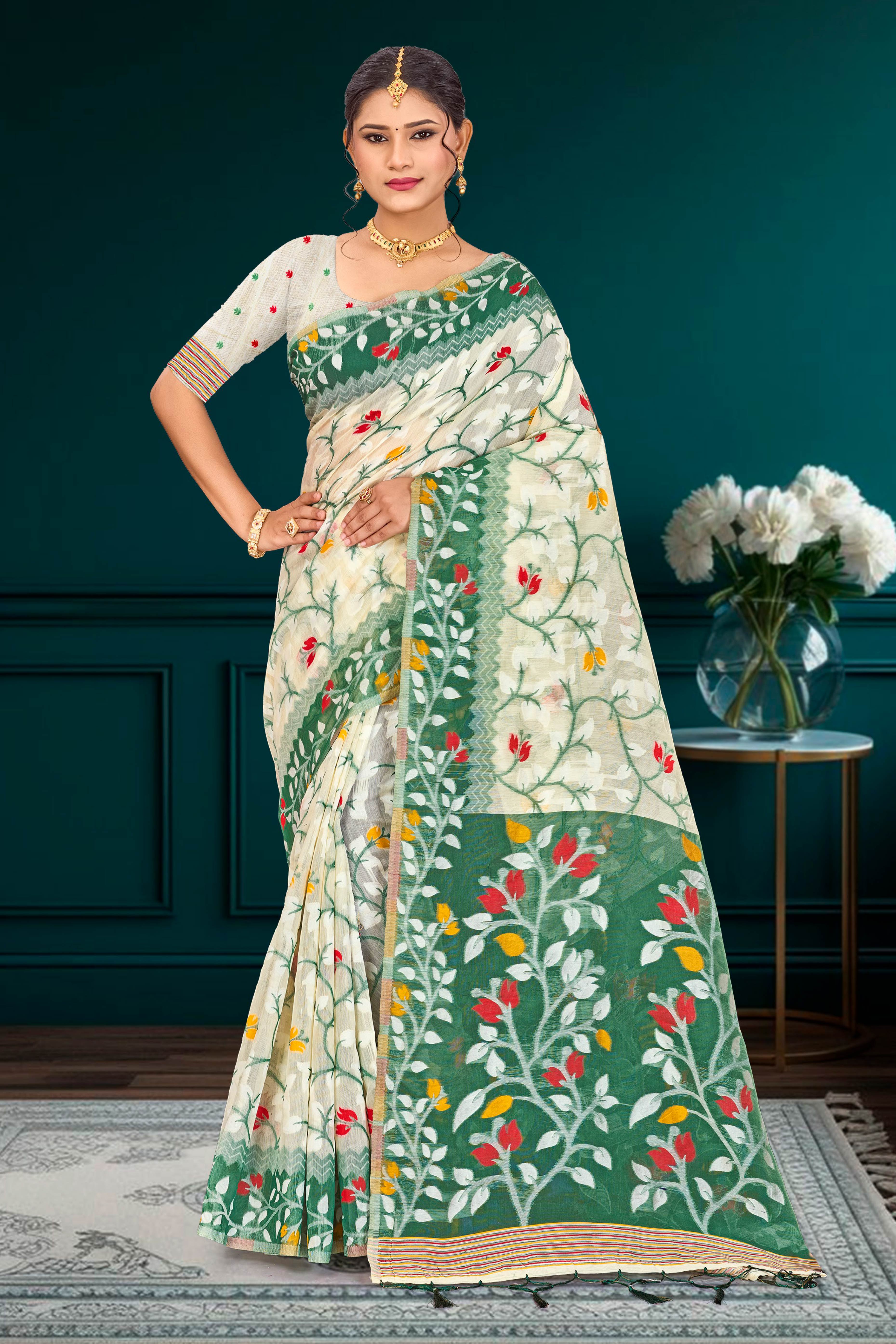 Sangam Prints Dark Green Cotton Blend Woven Work Traditional Saree - Dista