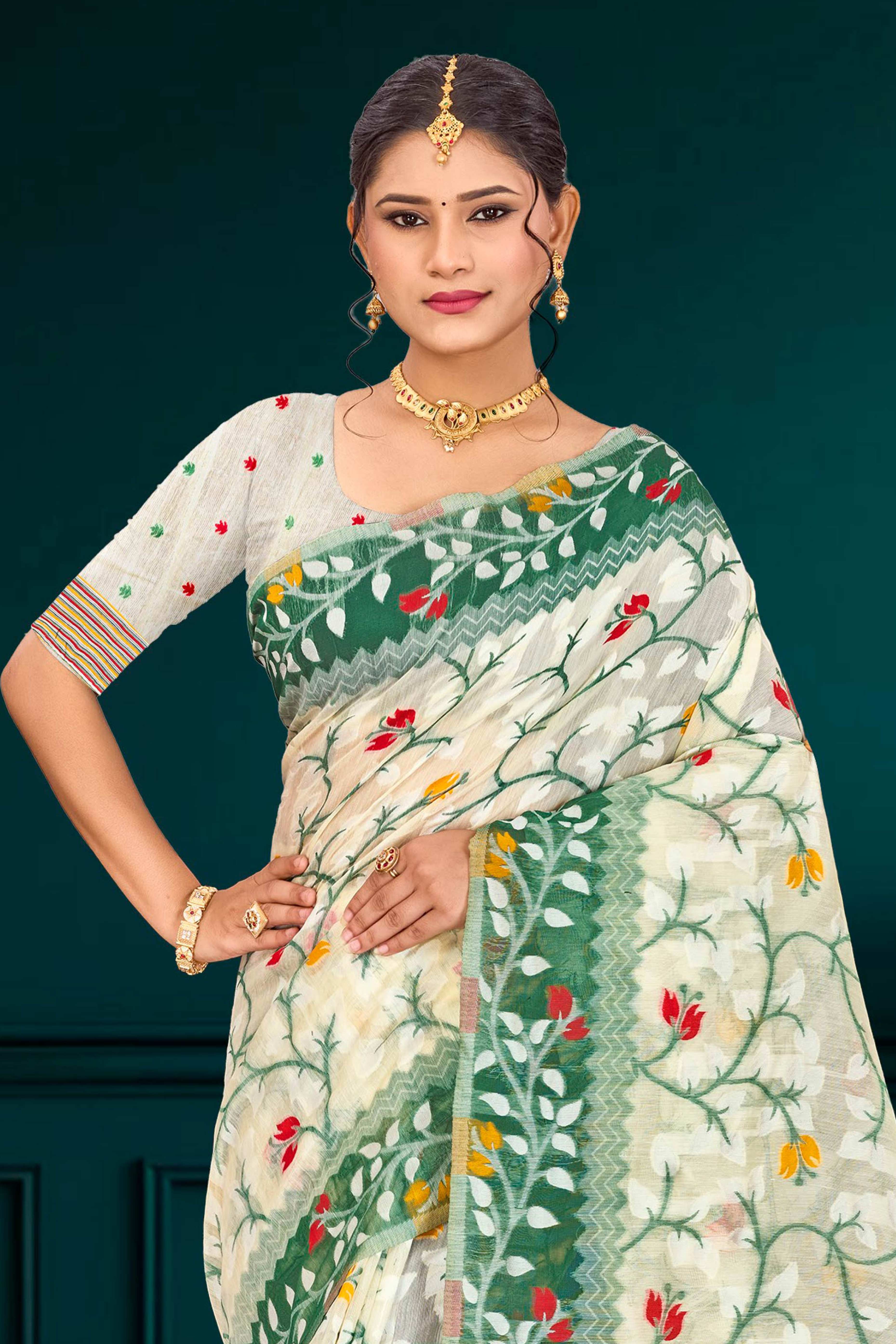 Sangam Prints Dark Green Cotton Blend Woven Work Traditional Saree - Dista