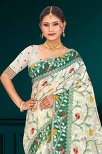 Thumbnail for Sangam Prints Dark Green Cotton Blend Woven Work Traditional Saree - Dista
