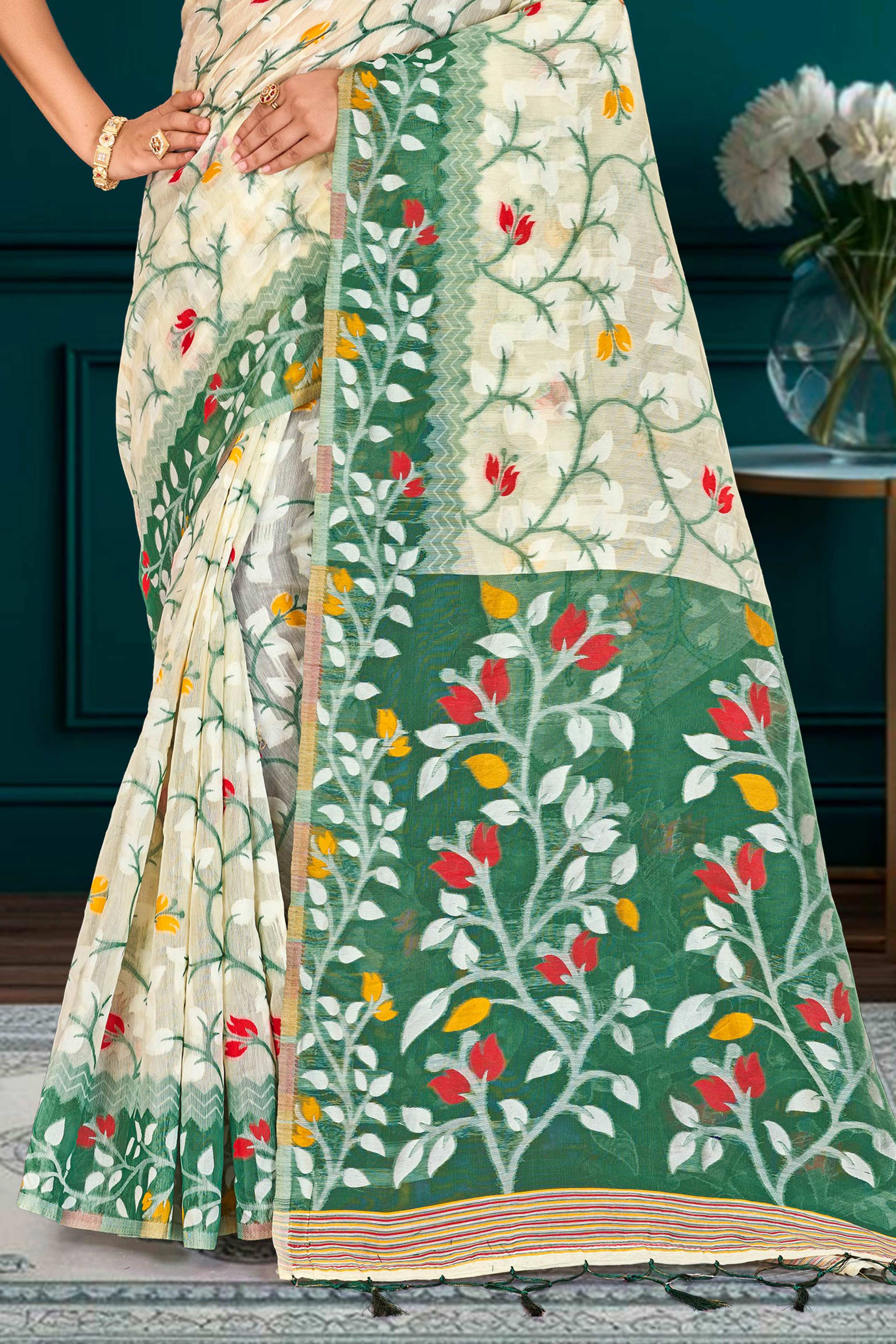 Sangam Prints Dark Green Cotton Blend Woven Work Traditional Saree - Dista