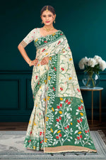 Thumbnail for Sangam Prints Dark Green Cotton Blend Woven Work Traditional Saree - Dista
