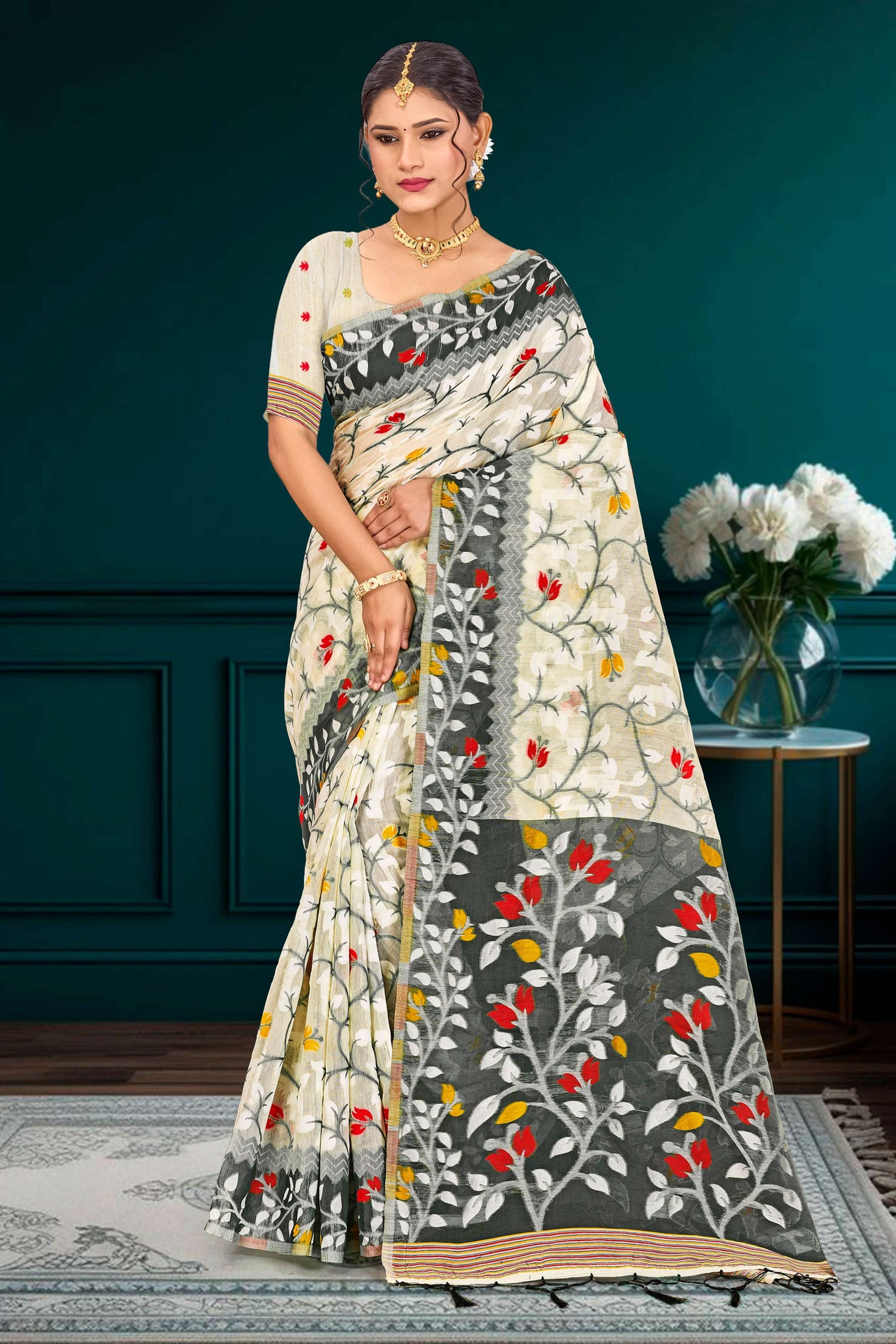 Sangam Prints Gray Cotton Blend Woven Work Traditional Saree - Dista