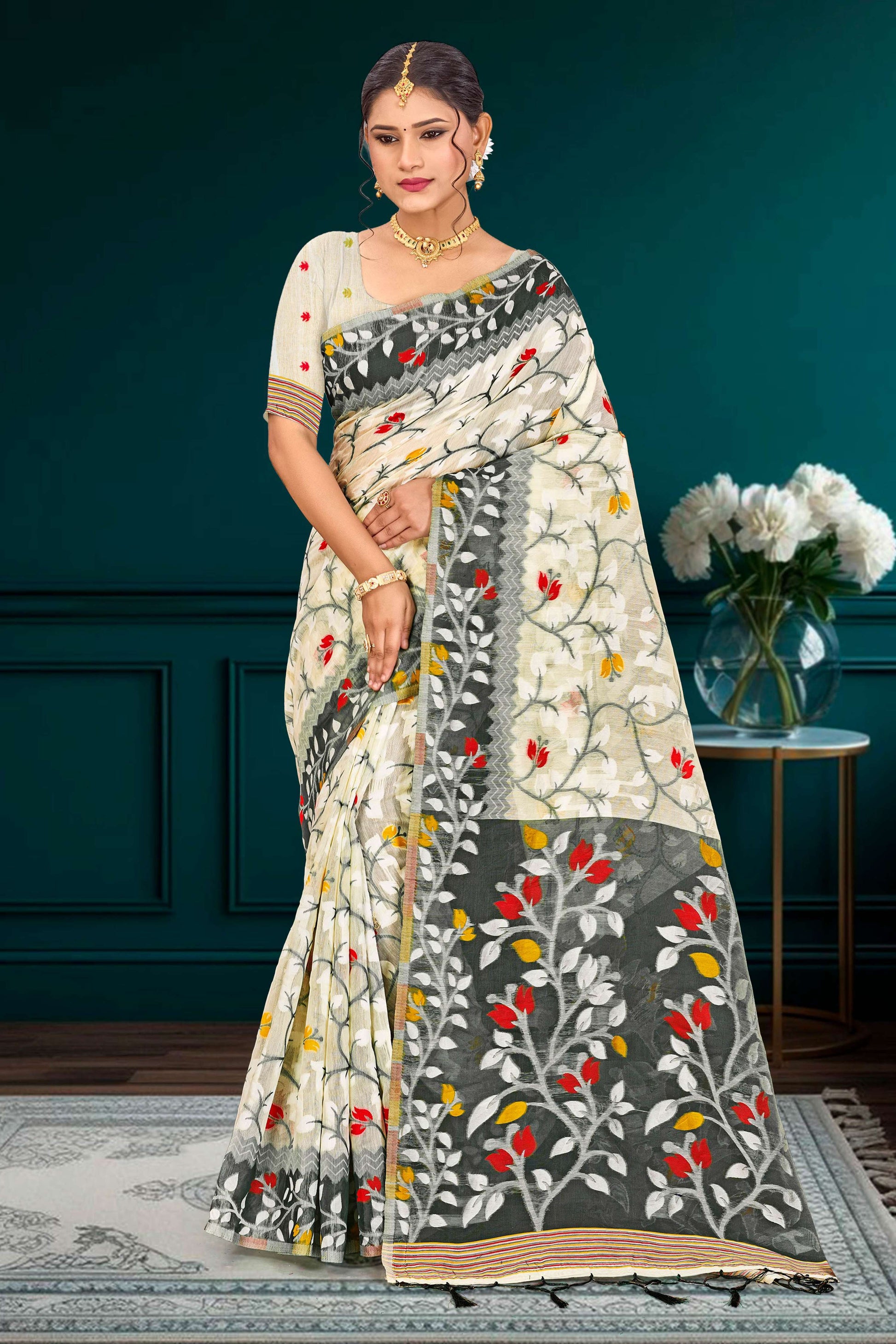 Sangam Prints Gray Cotton Blend Woven Work Traditional Saree - Dista