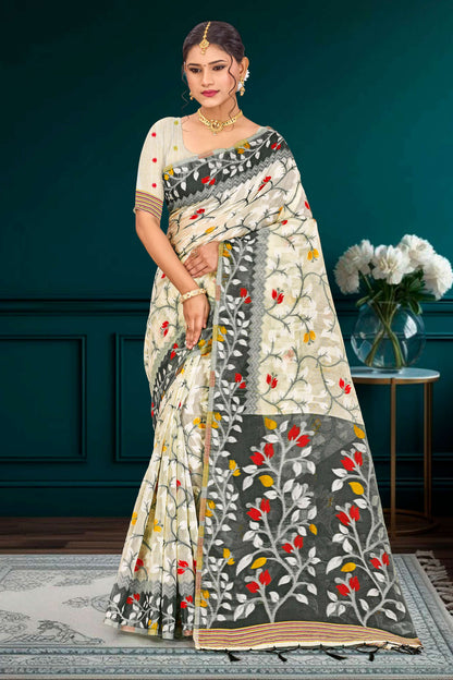 Sangam Prints Gray Cotton Blend Woven Work Traditional Saree - Dista