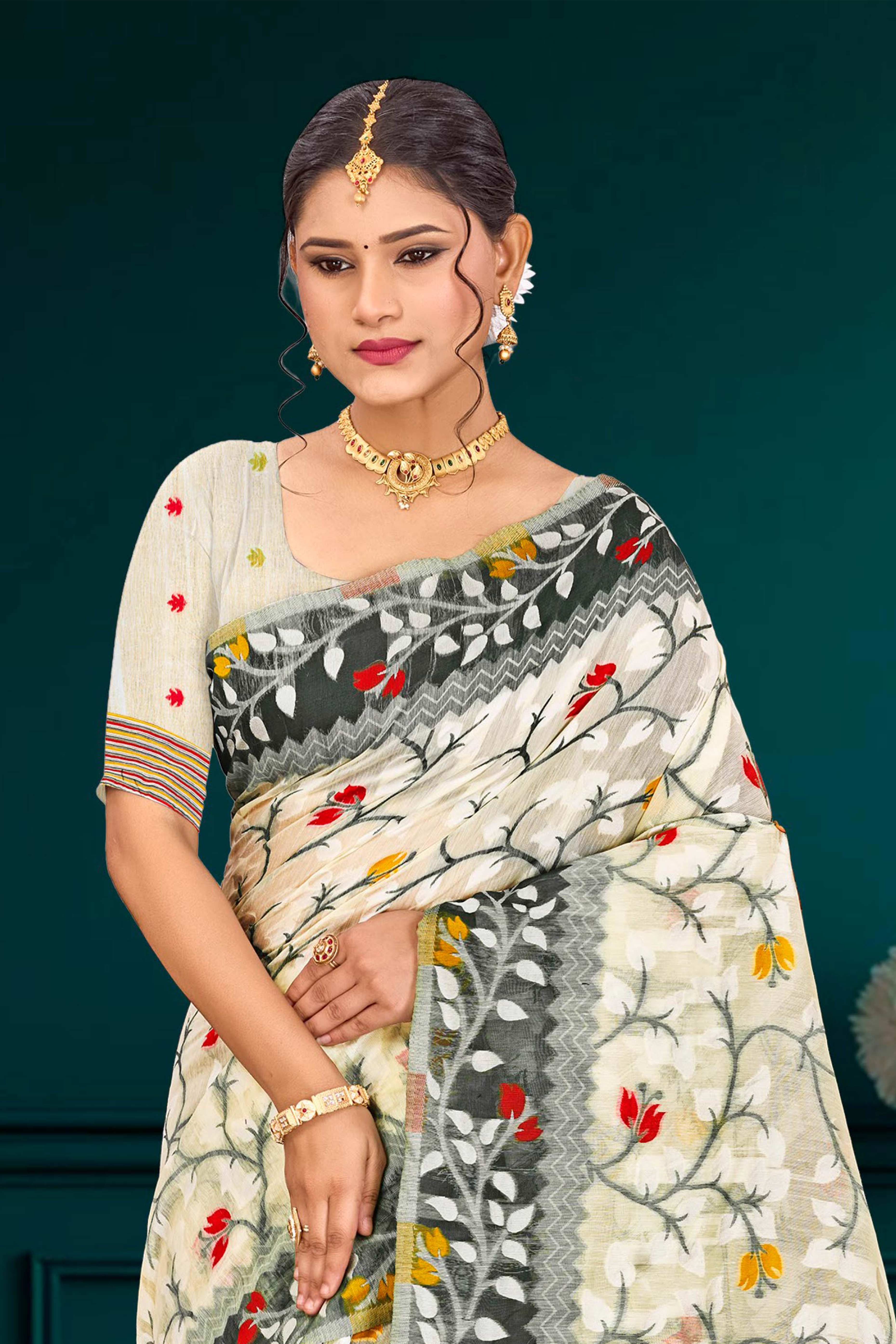 Sangam Prints Gray Cotton Blend Woven Work Traditional Saree - Dista