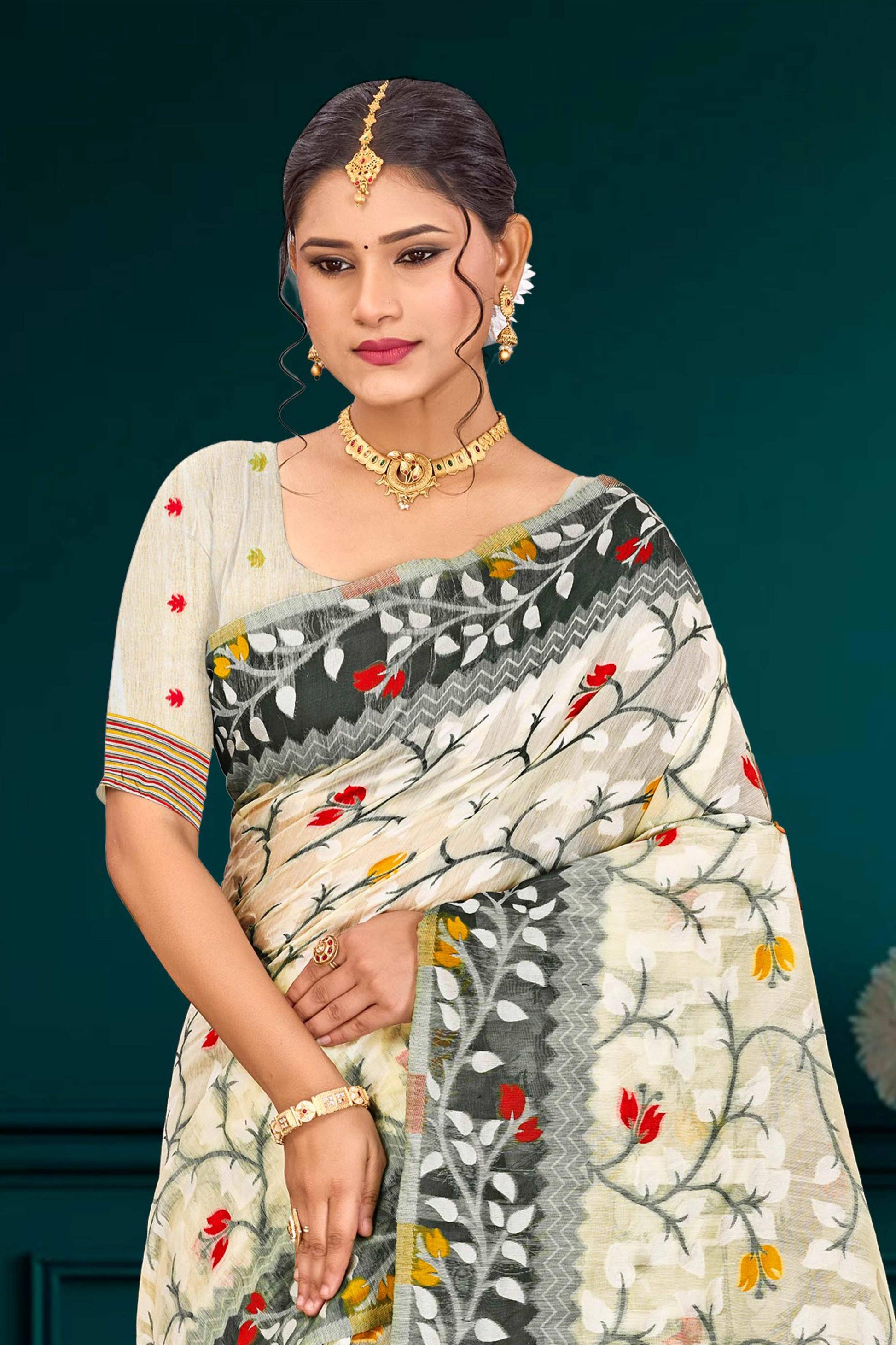 Sangam Prints Gray Cotton Blend Woven Work Traditional Saree - Dista