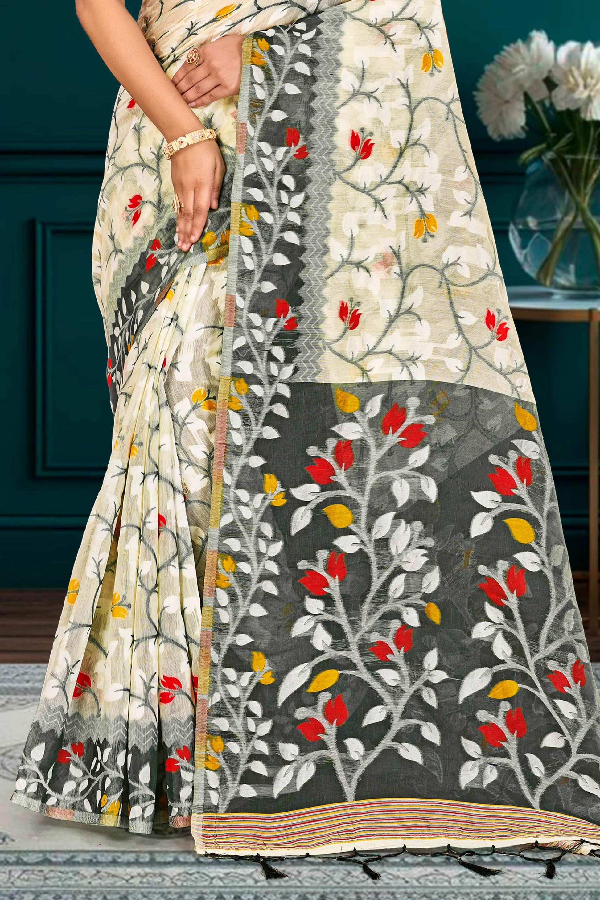 Sangam Prints Gray Cotton Blend Woven Work Traditional Saree - Dista