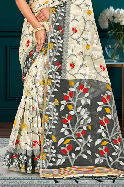 Sangam Prints Gray Cotton Blend Woven Work Traditional Saree - Dista