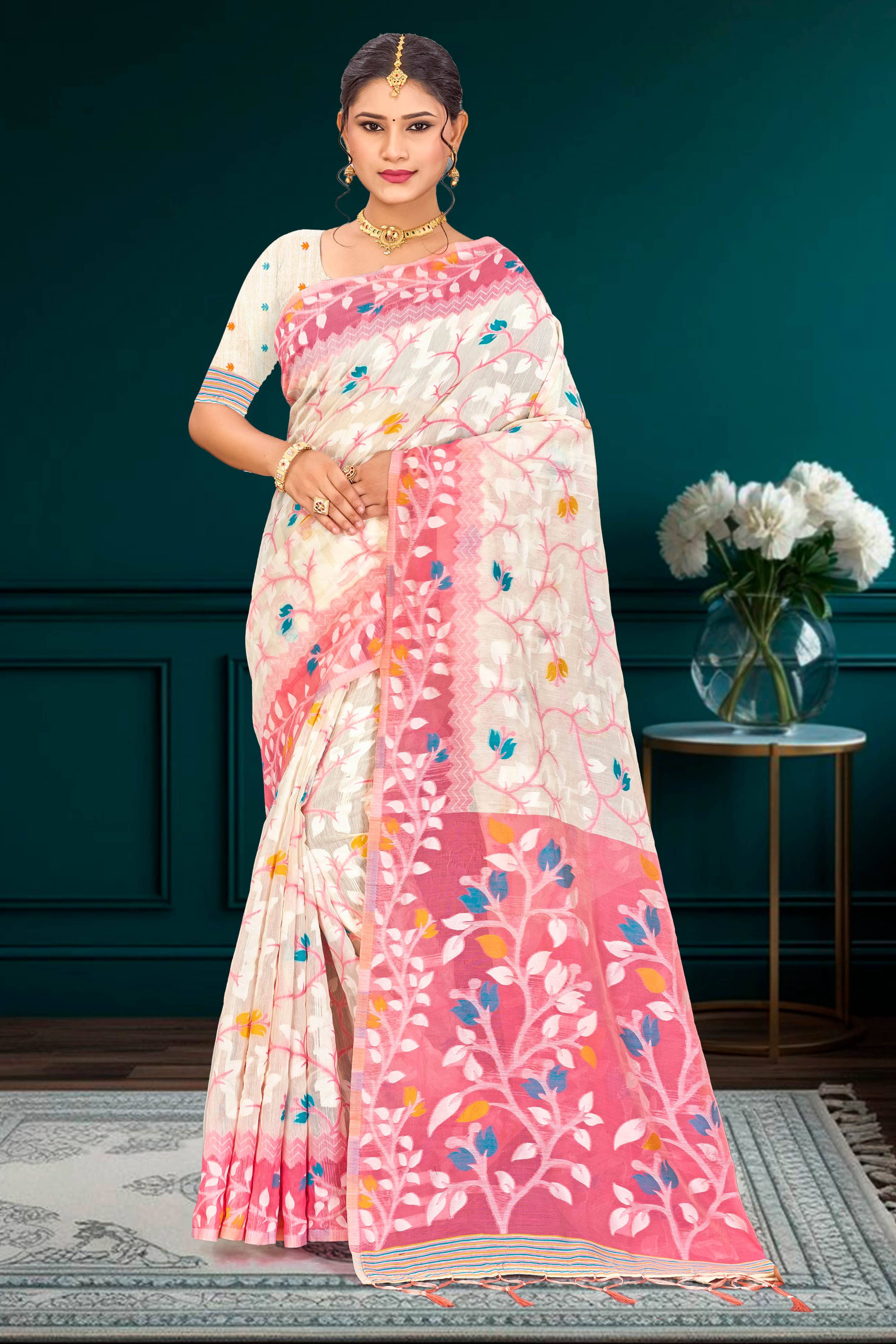Sangam Prints Pink Cotton Blend Woven Work Traditional Saree - Dista