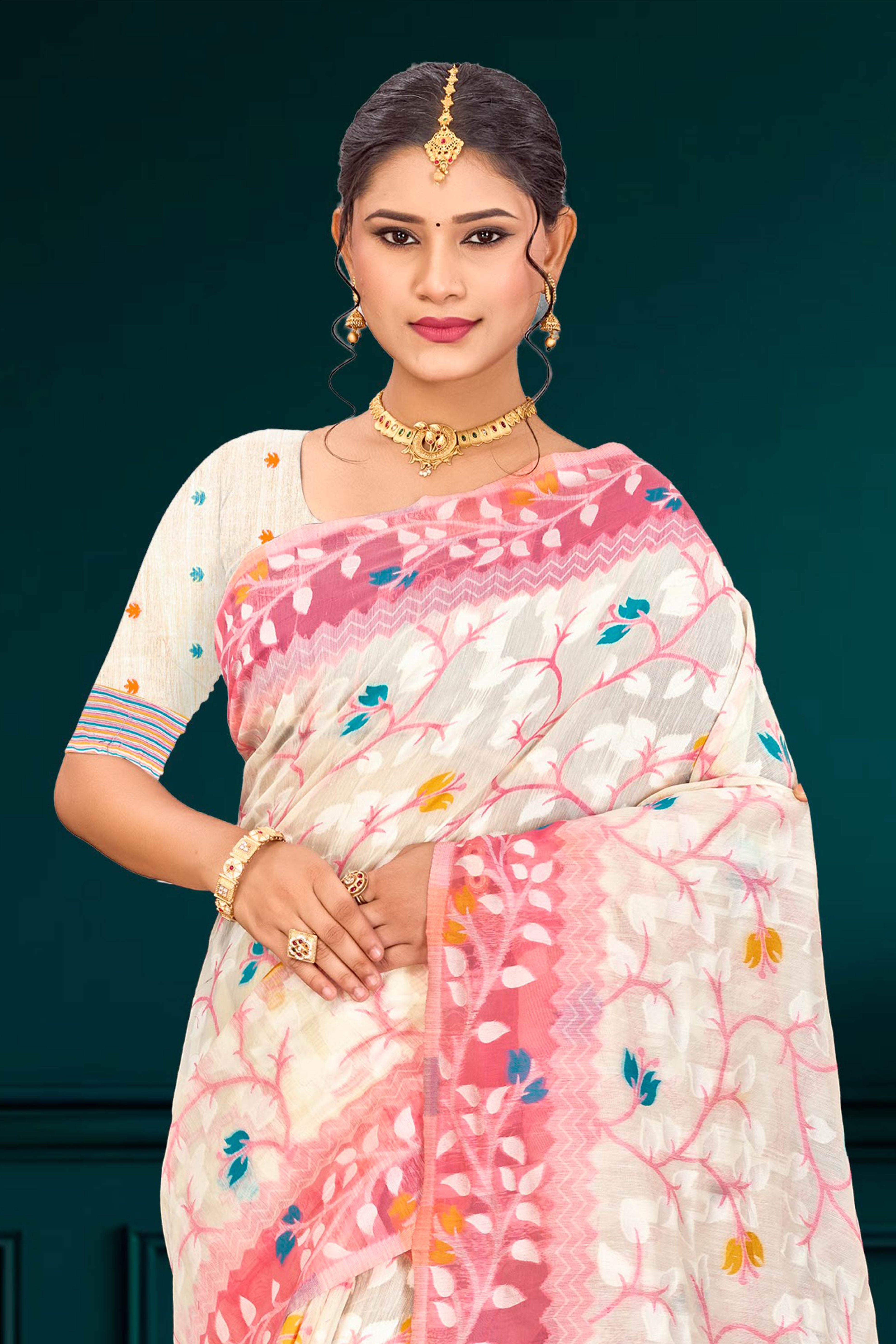 Sangam Prints Pink Cotton Blend Woven Work Traditional Saree - Dista