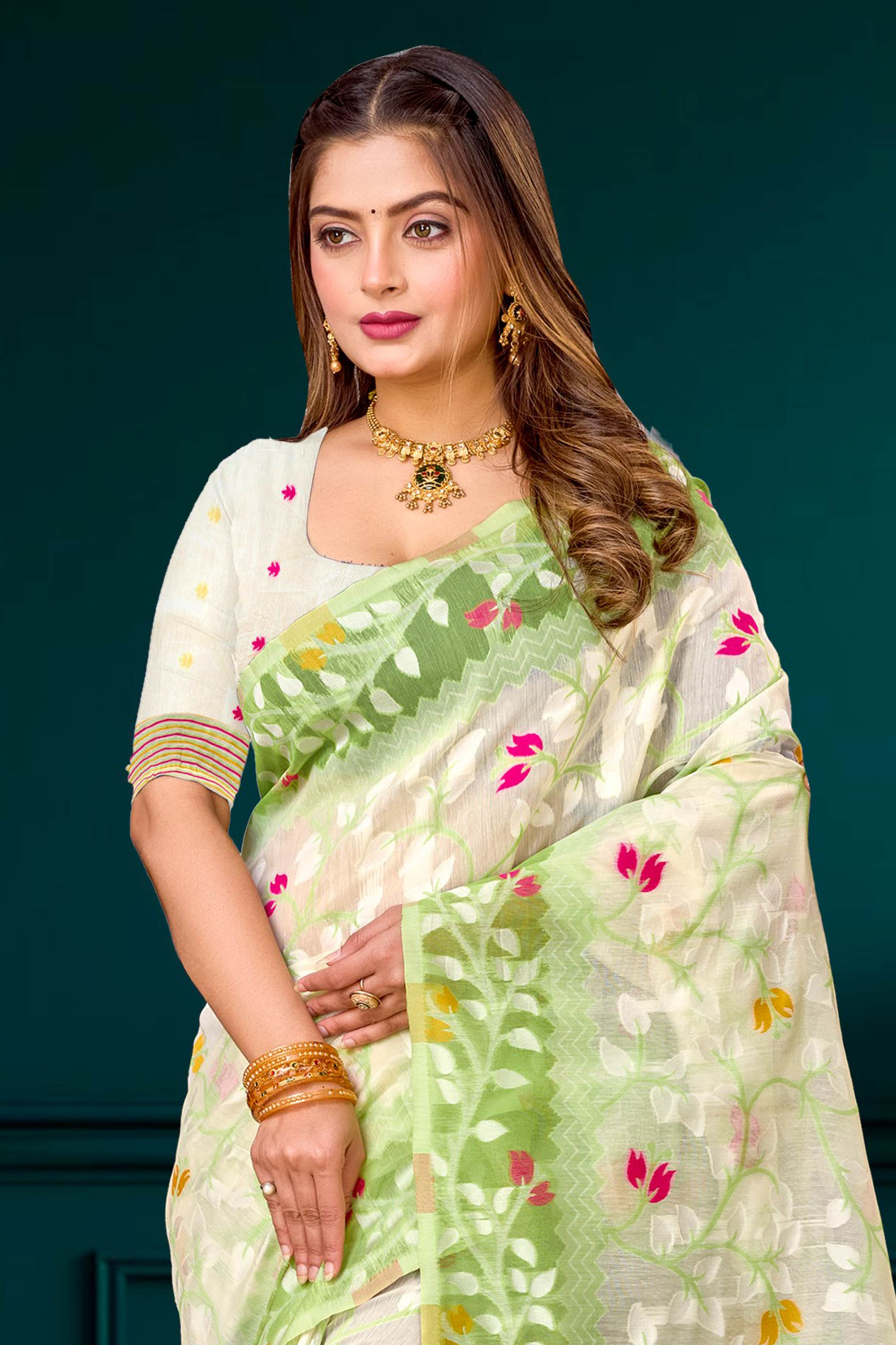 Sangam Prints Green Cotton Blend Woven Work Traditional Saree - Dista