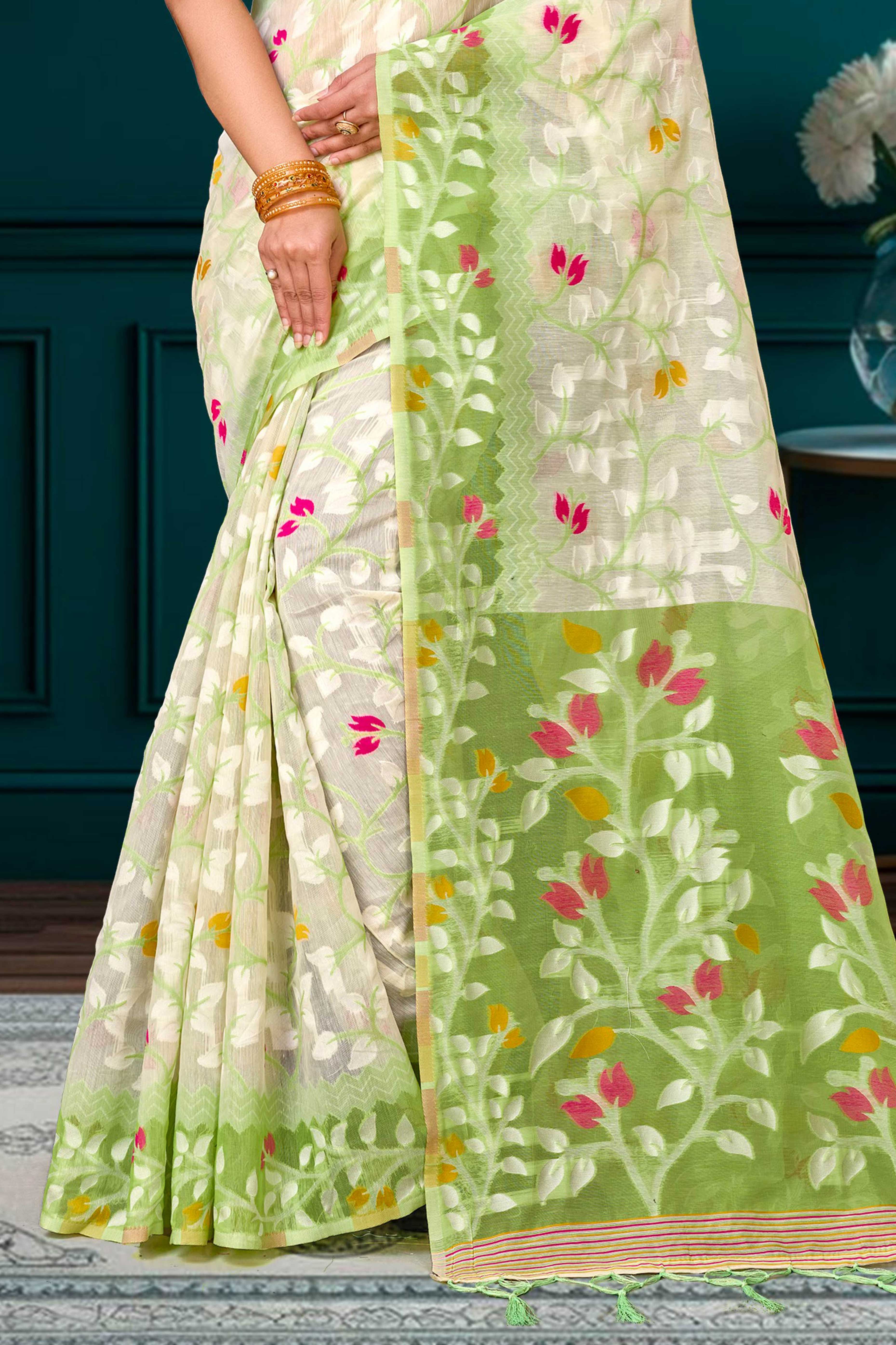 Sangam Prints Green Cotton Blend Woven Work Traditional Saree - Dista