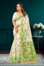 Thumbnail for Sangam Prints Green Cotton Blend Woven Work Traditional Saree - Dista