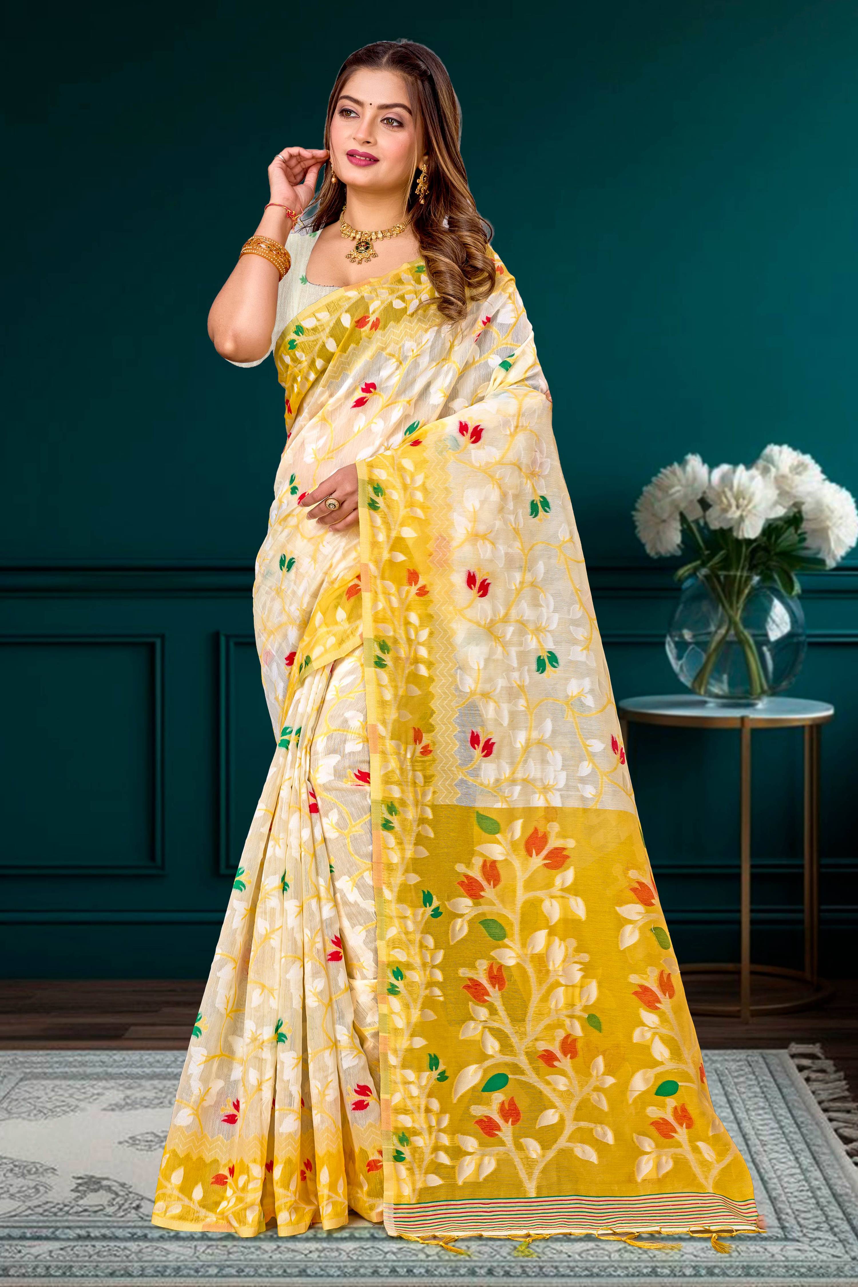 Sangam Prints Yellow Cotton Blend Woven Work Traditional Saree - Dista
