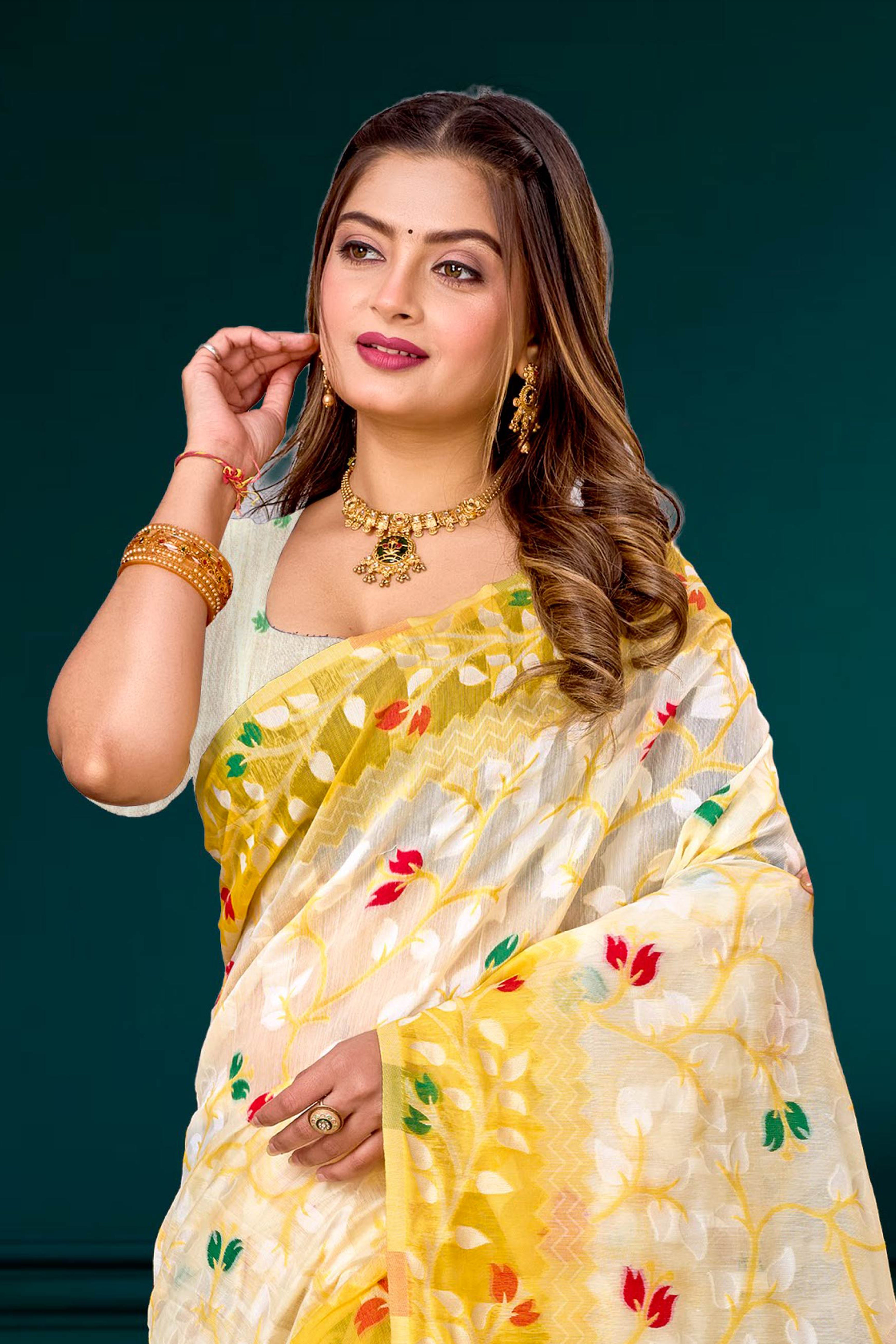 Sangam Prints Yellow Cotton Blend Woven Work Traditional Saree - Dista
