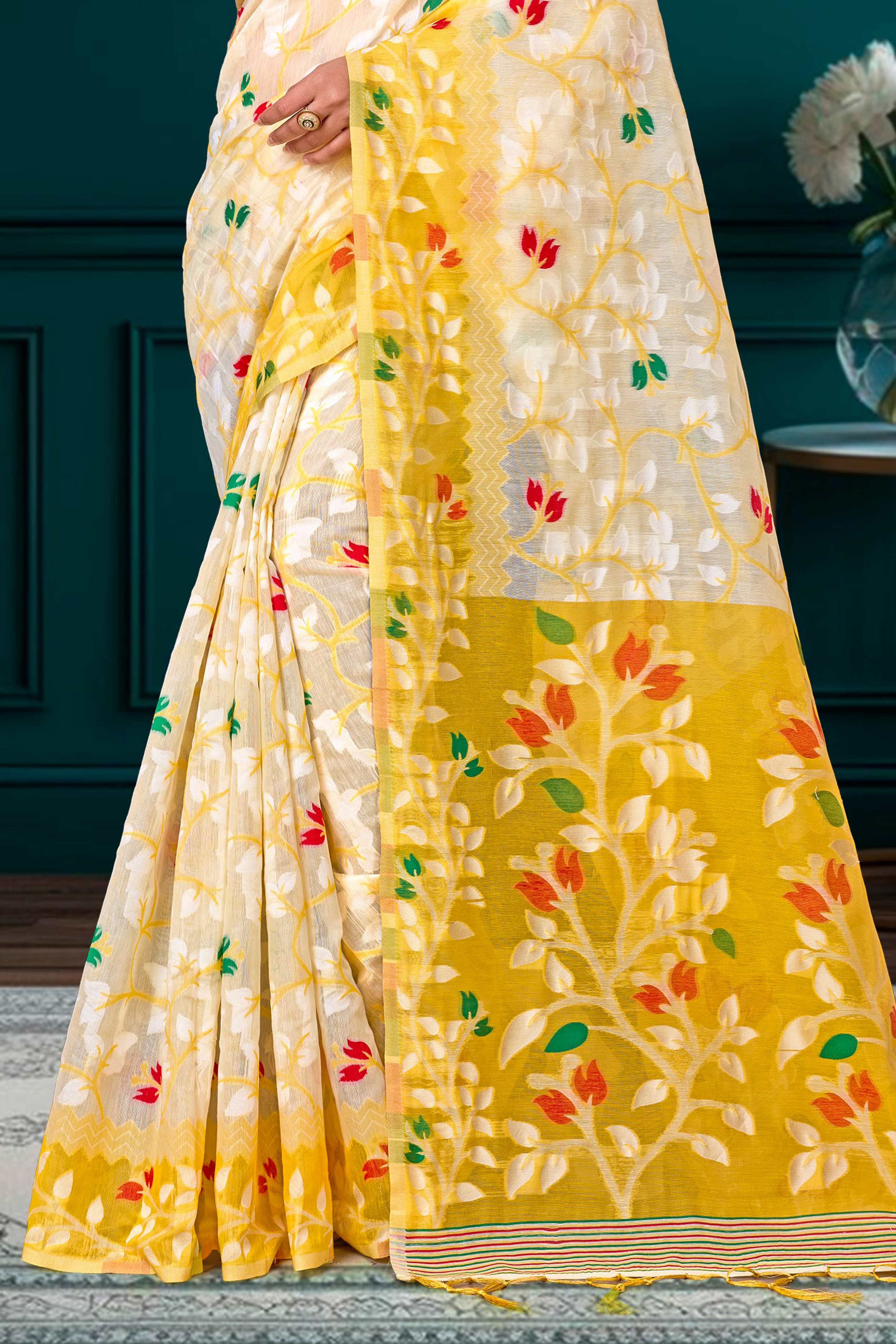 Sangam Prints Yellow Cotton Blend Woven Work Traditional Saree - Dista