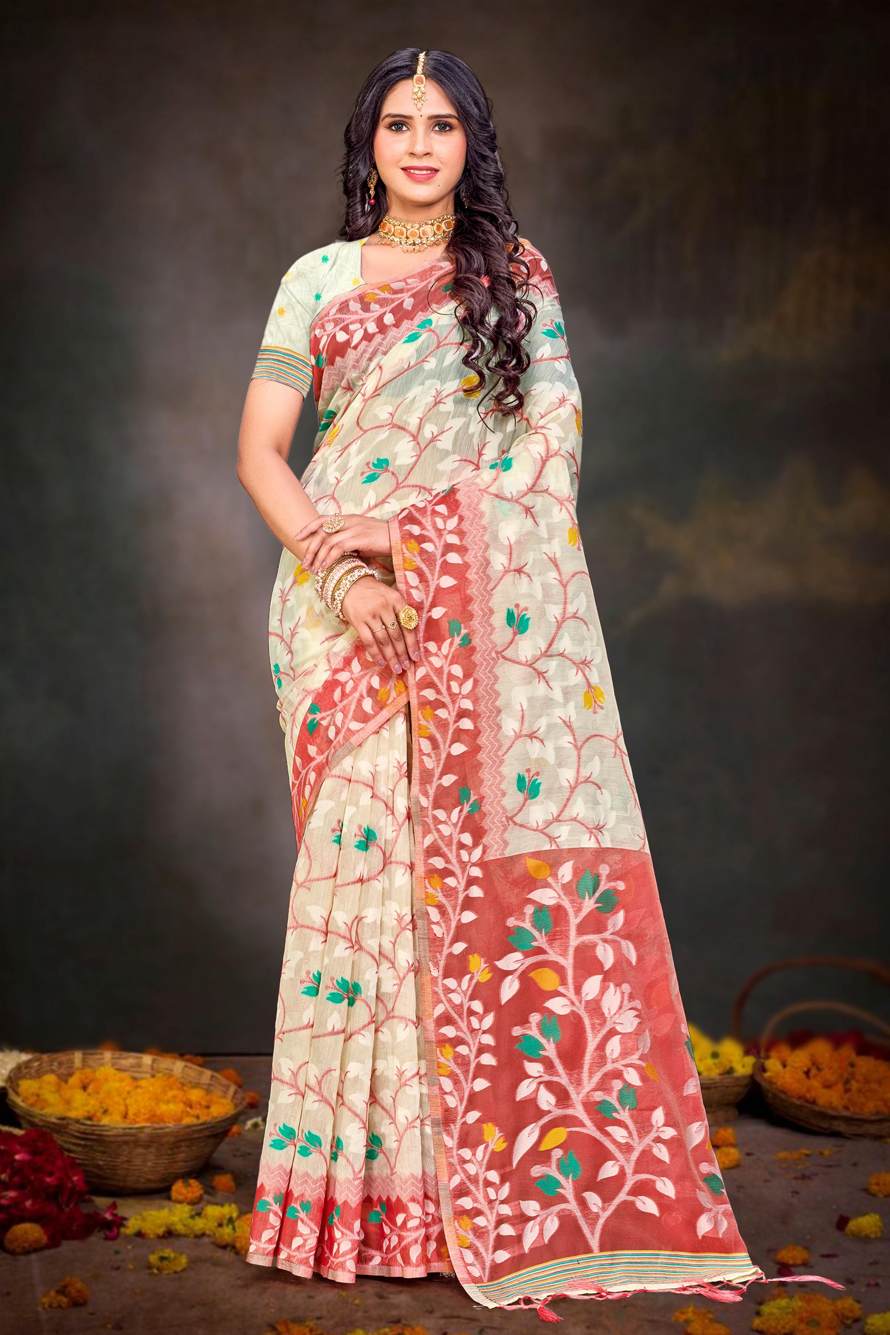 Sangam Prints Red Cotton Blend Woven Work Traditional Saree - Dista