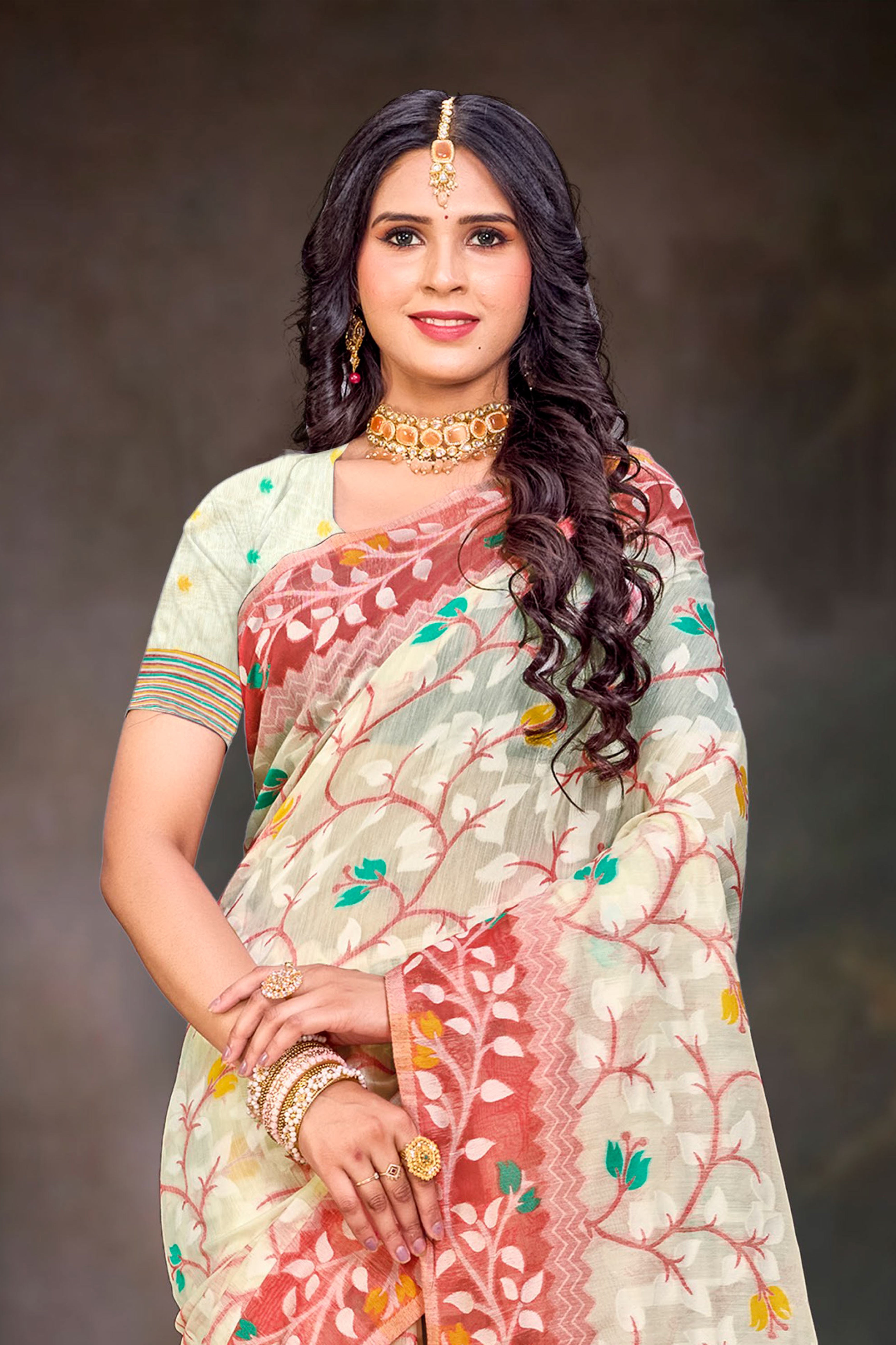 Sangam Prints Red Cotton Blend Woven Work Traditional Saree - Dista