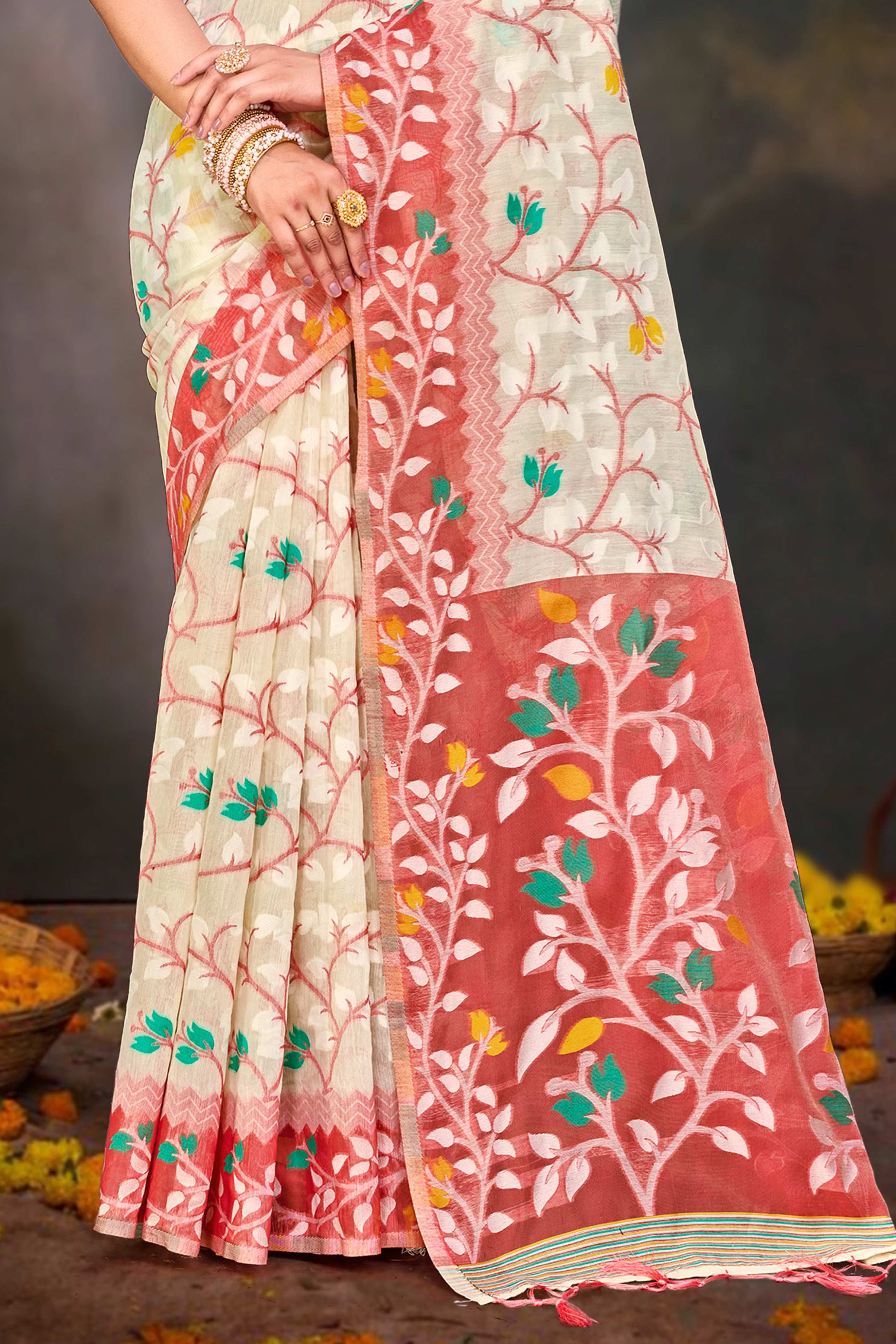 Sangam Prints Red Cotton Blend Woven Work Traditional Saree - Dista