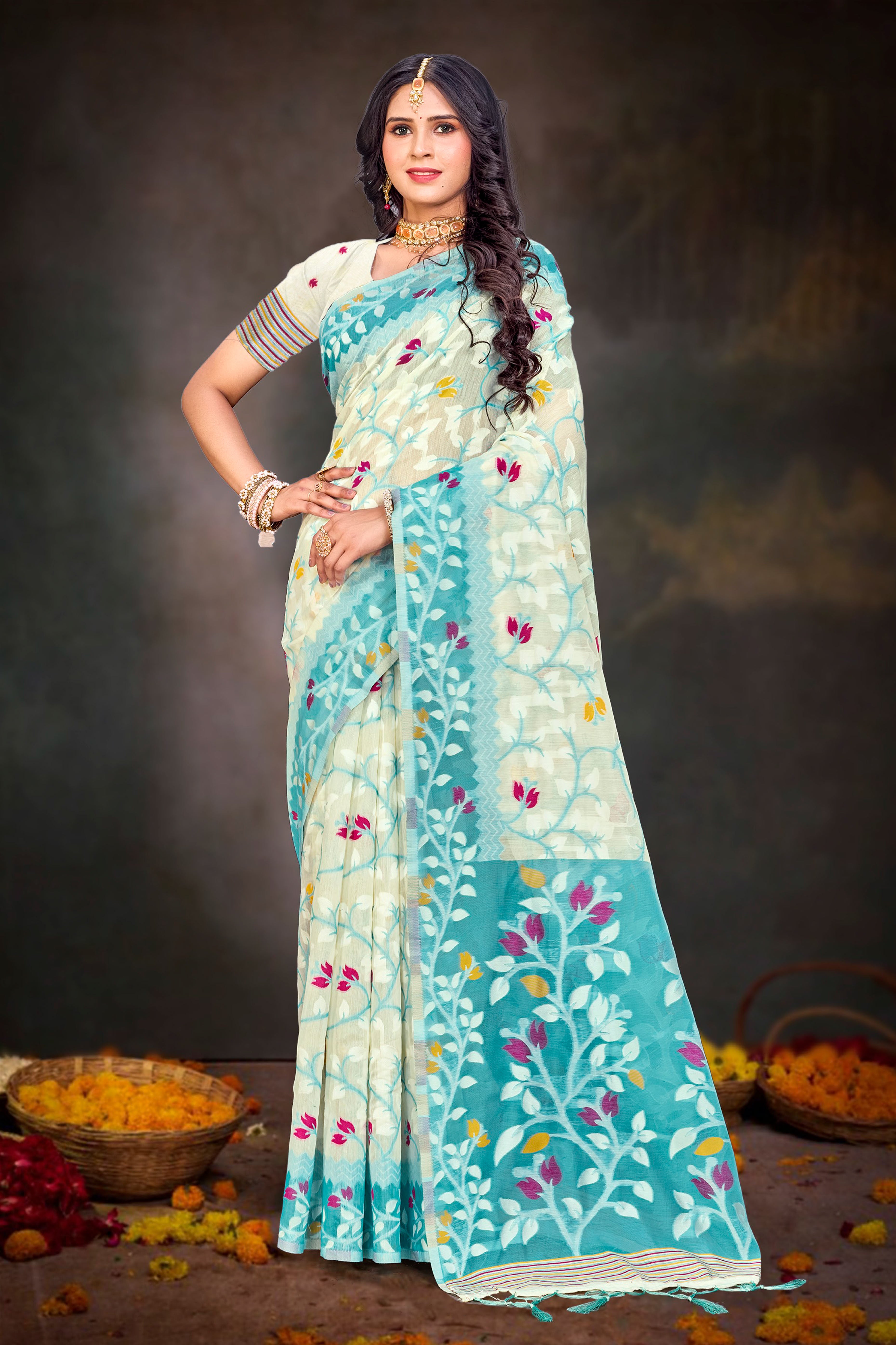 Sangam Prints Sea Green Cotton Blend Woven Work Traditional Saree - Dista