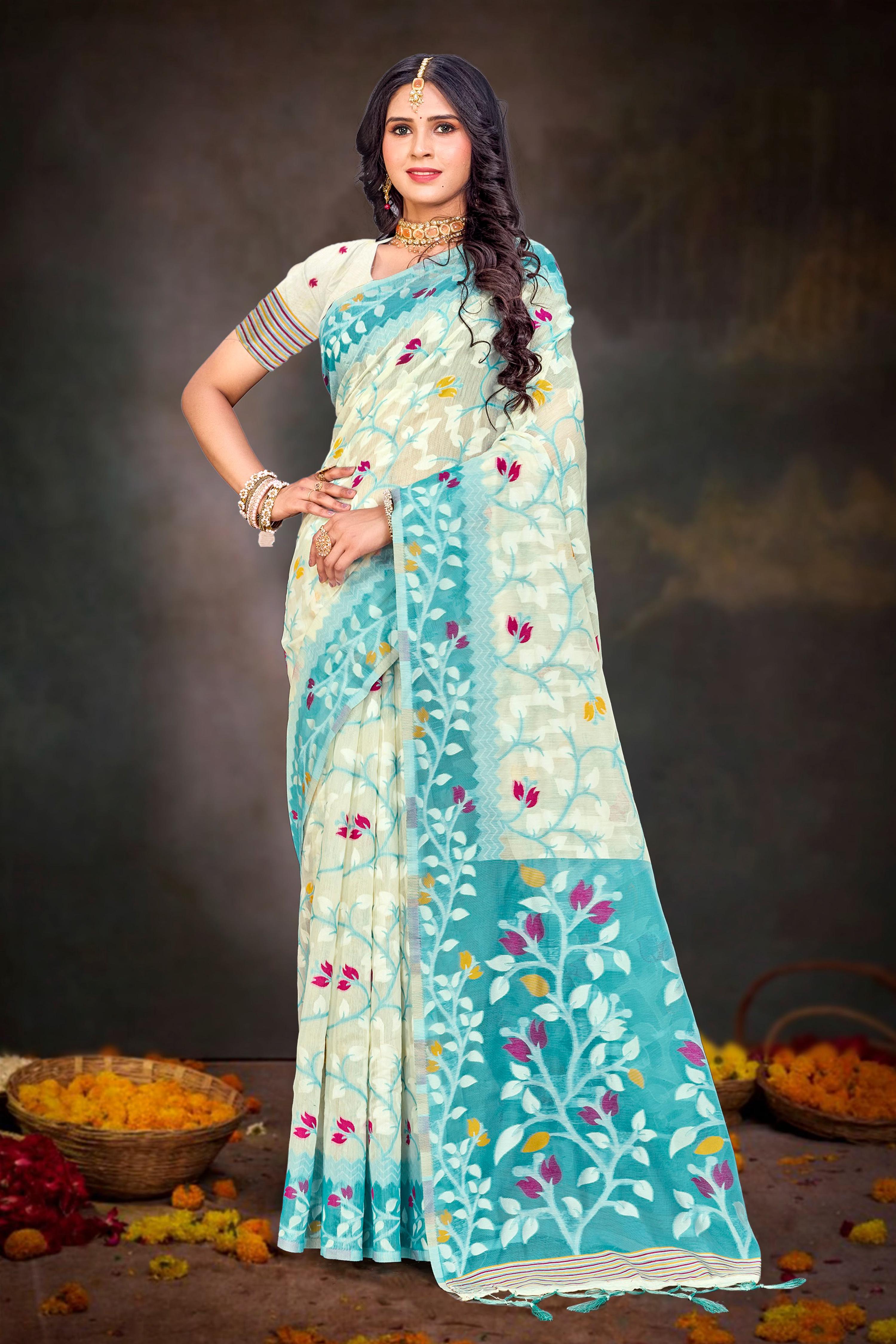 Sangam Prints Sea Green Cotton Blend Woven Work Traditional Saree - Dista