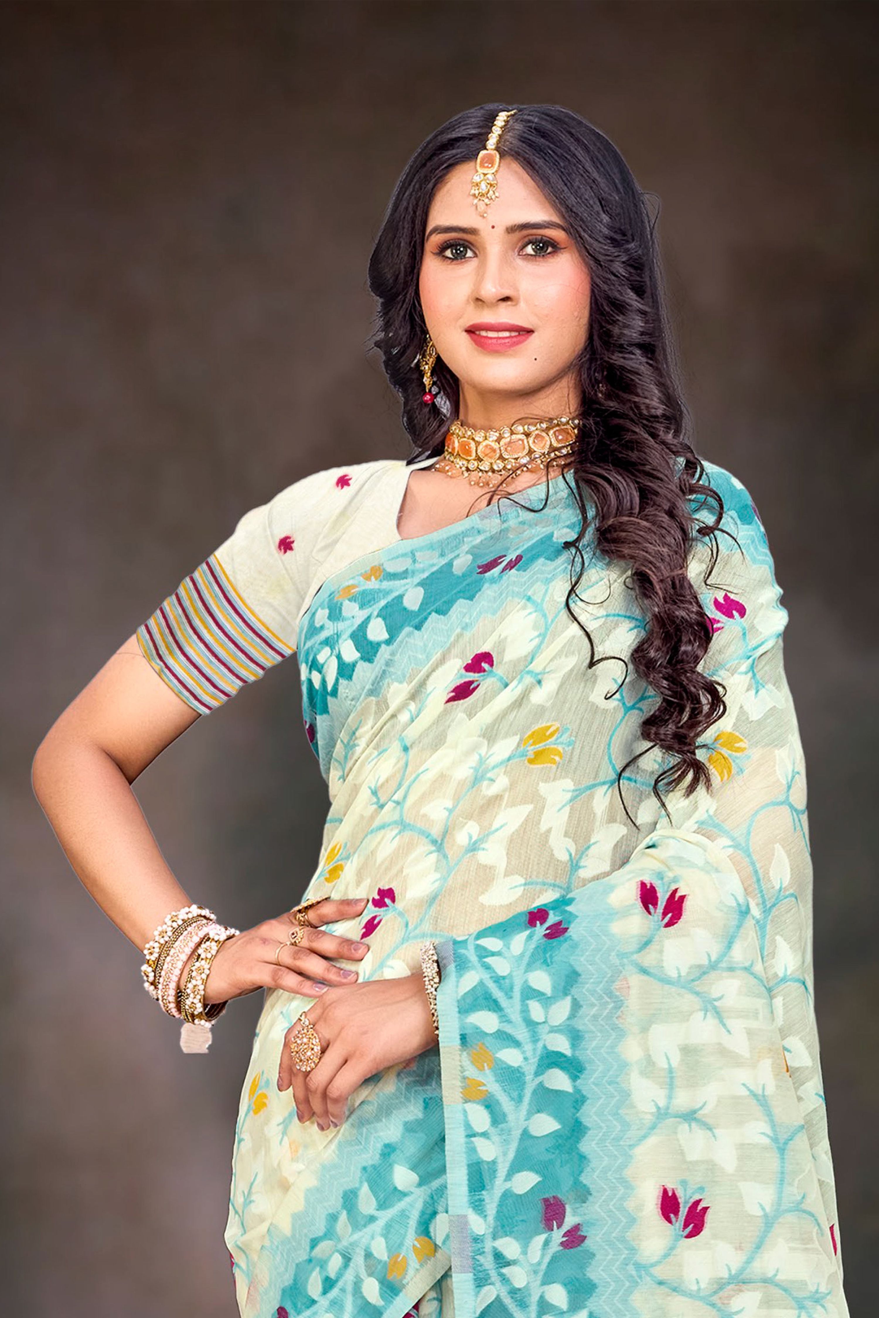 Sangam Prints Sea Green Cotton Blend Woven Work Traditional Saree - Dista