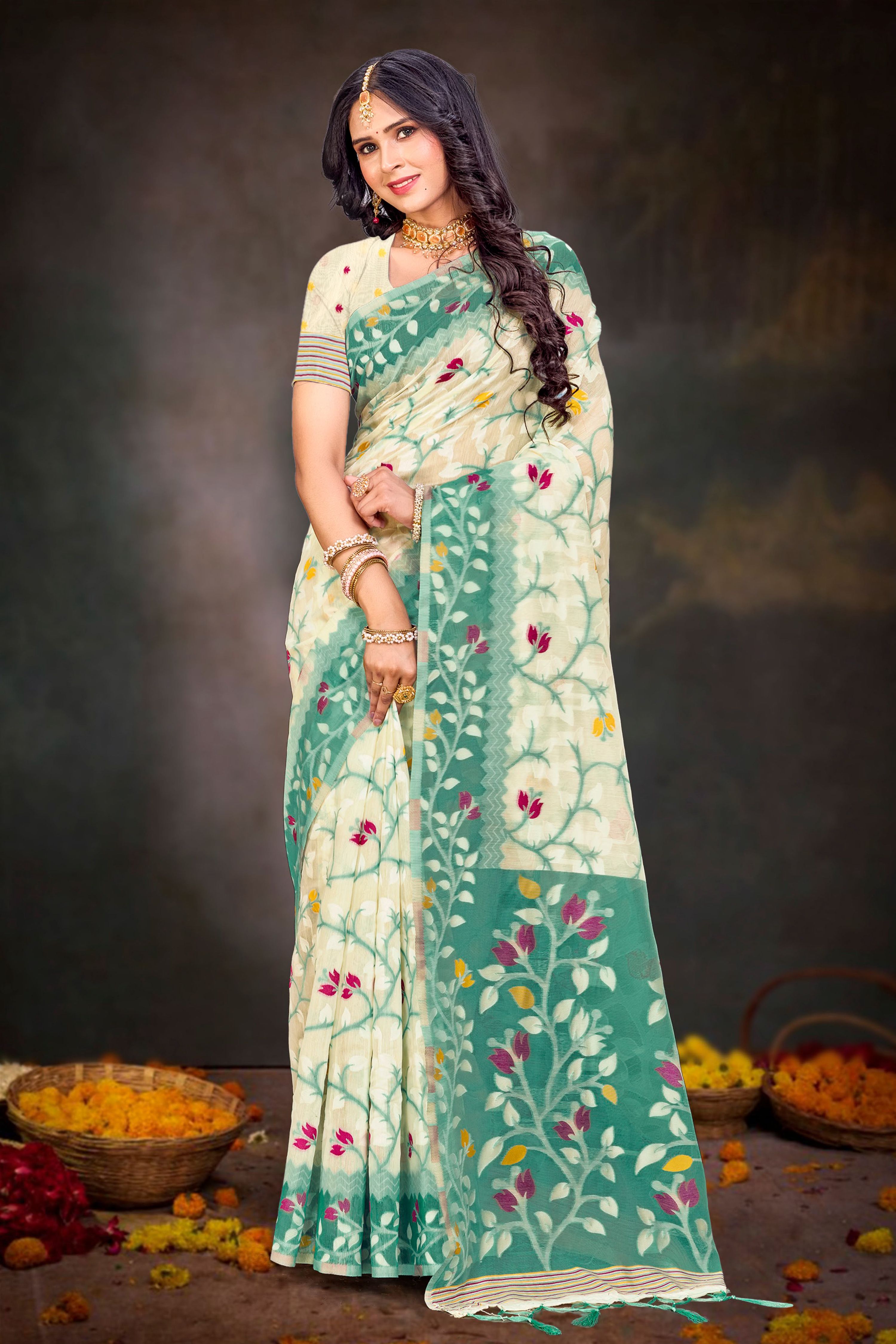 Sangam Prints Mint Green Cotton Blend Woven Work Traditional Saree - Dista