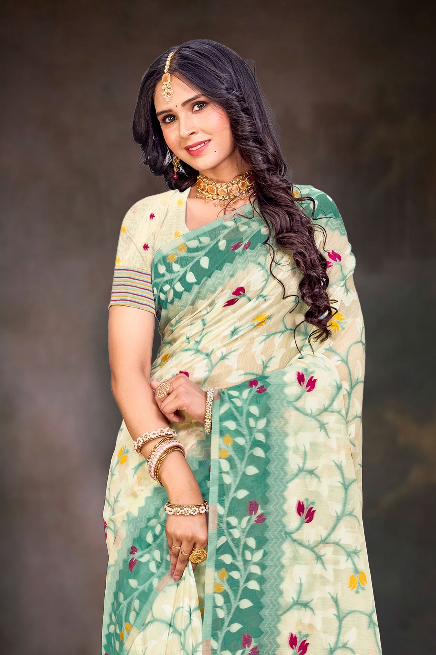 Sangam Prints Mint Green Cotton Blend Woven Work Traditional Saree - Dista
