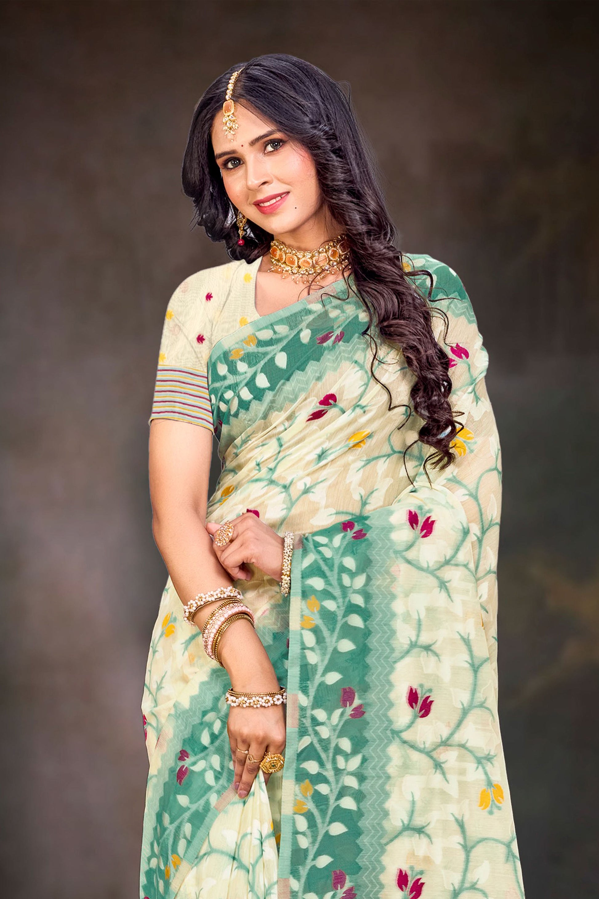 Sangam Prints Mint Green Cotton Blend Woven Work Traditional Saree - Dista