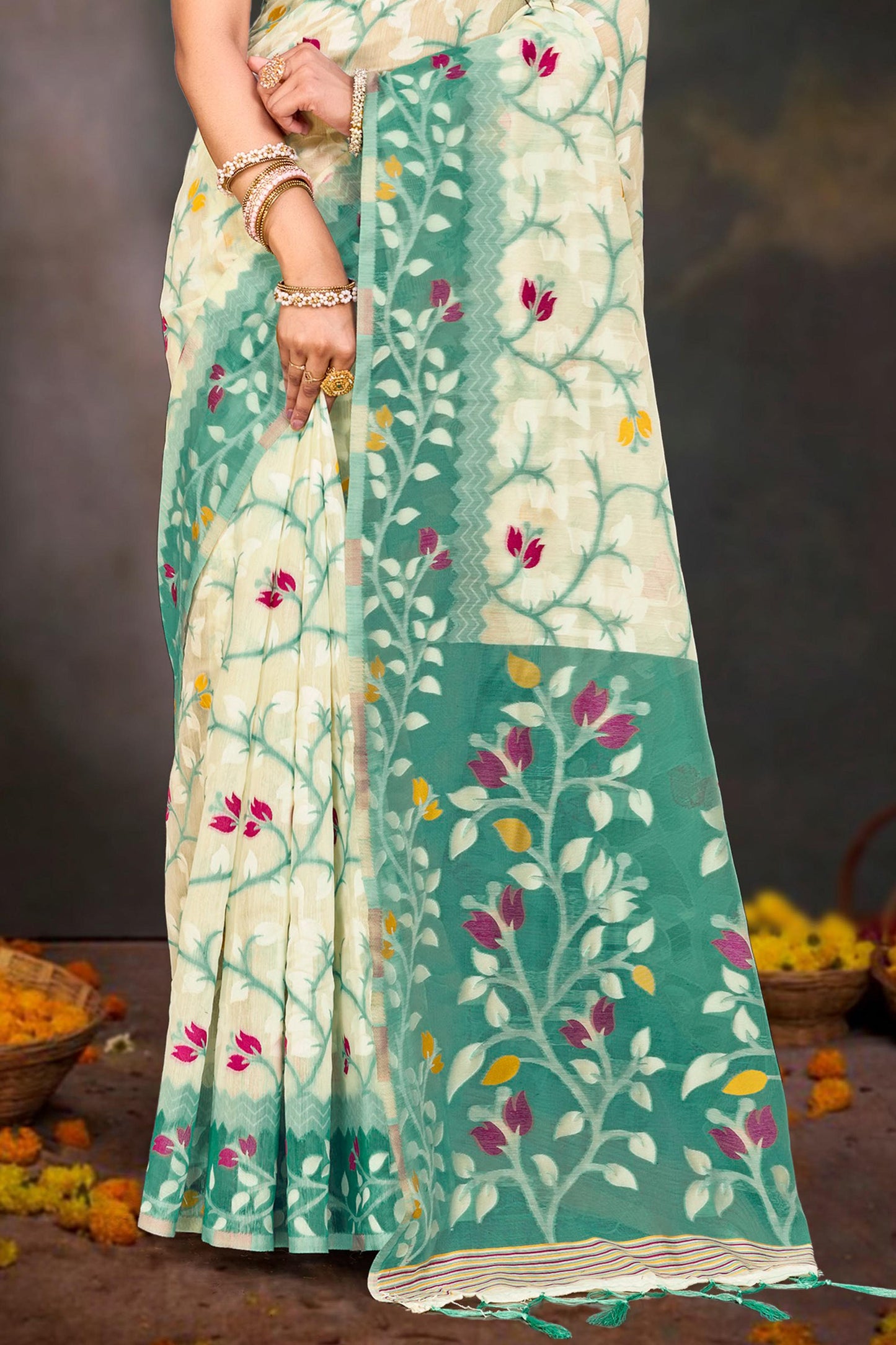 Sangam Prints Mint Green Cotton Blend Woven Work Traditional Saree - Dista