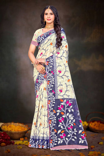 Sangam Prints Violet Cotton Blend Woven Work Traditional Saree - Dista