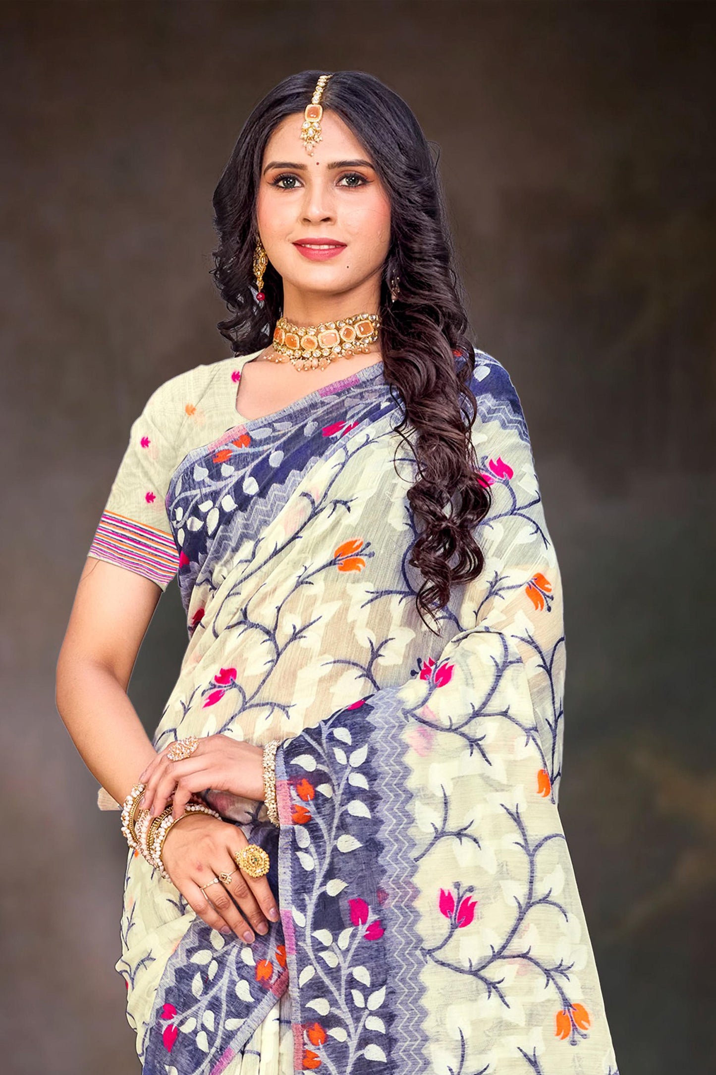 Sangam Prints Violet Cotton Blend Woven Work Traditional Saree - Dista