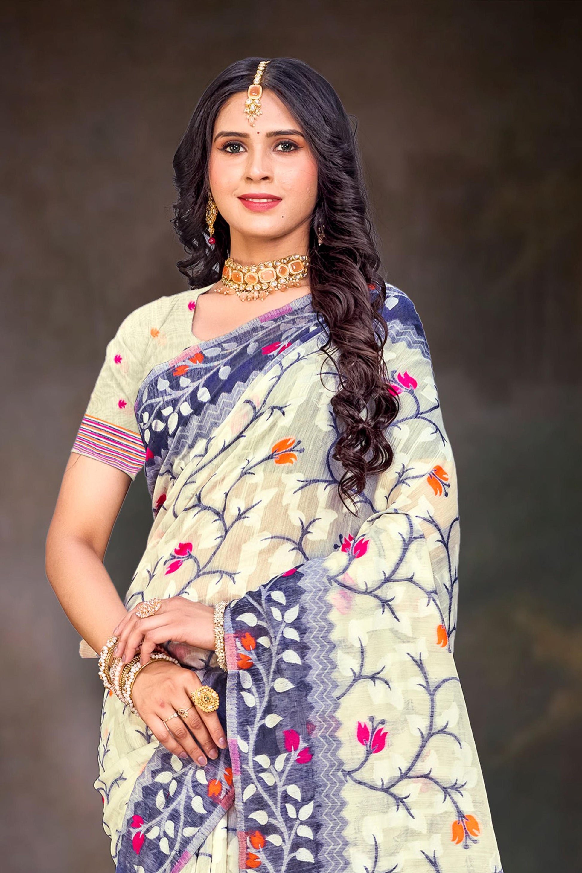 Sangam Prints Violet Cotton Blend Woven Work Traditional Saree - Dista