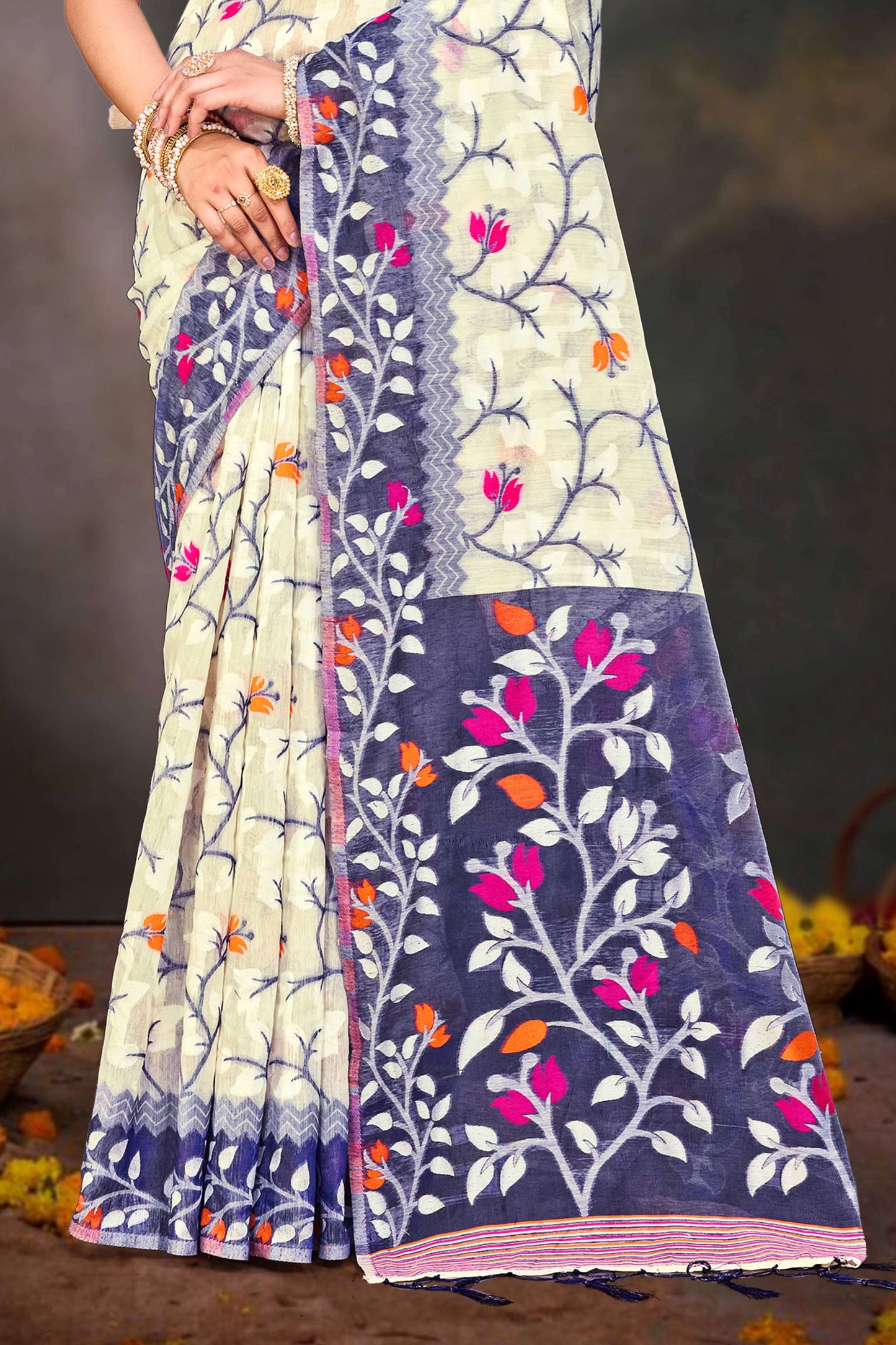 Sangam Prints Violet Cotton Blend Woven Work Traditional Saree - Dista