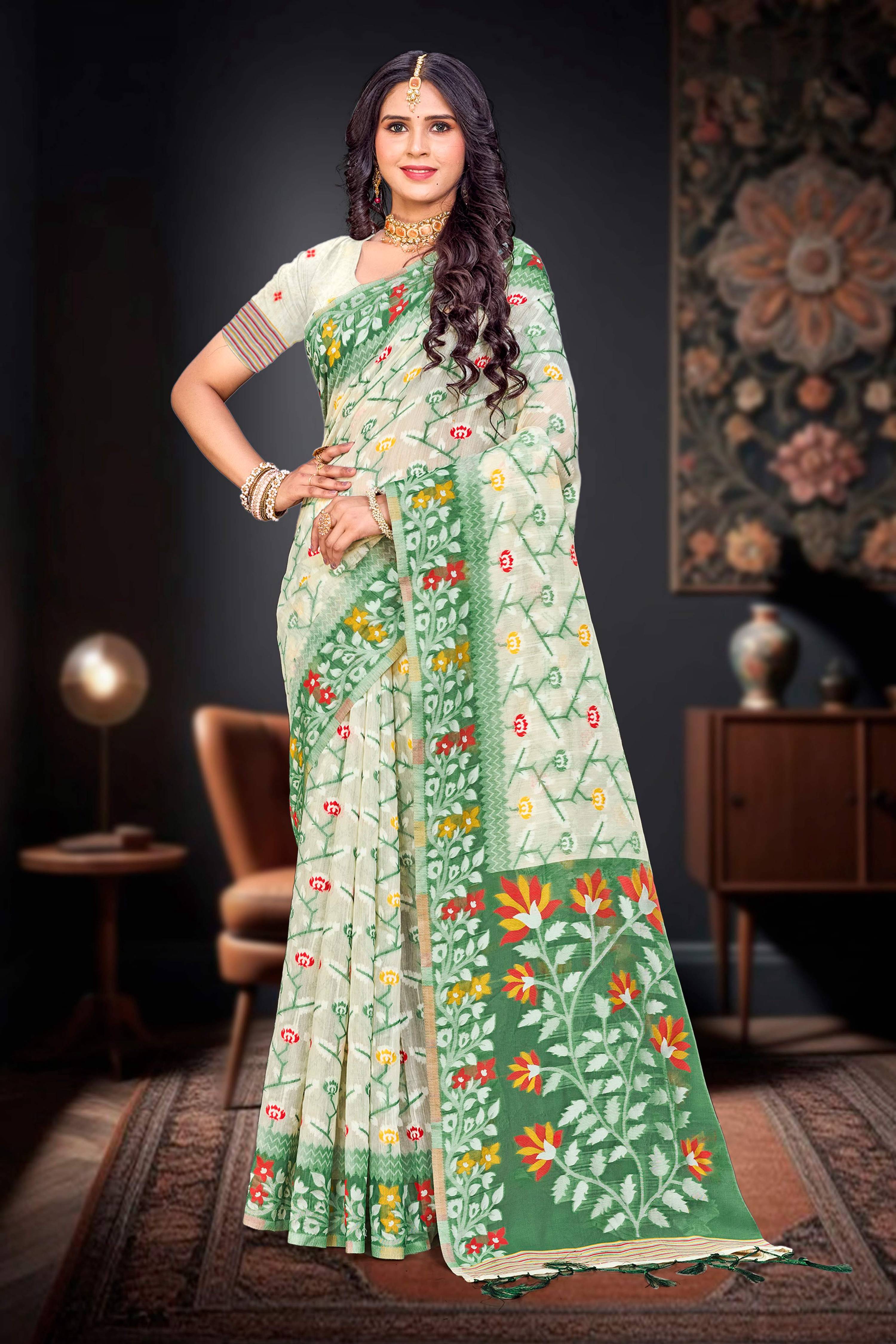 Sangam Prints Dark Green Cotton Blend Woven Work Traditional Saree - Dista