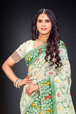 Thumbnail for Sangam Prints Dark Green Cotton Blend Woven Work Traditional Saree - Dista