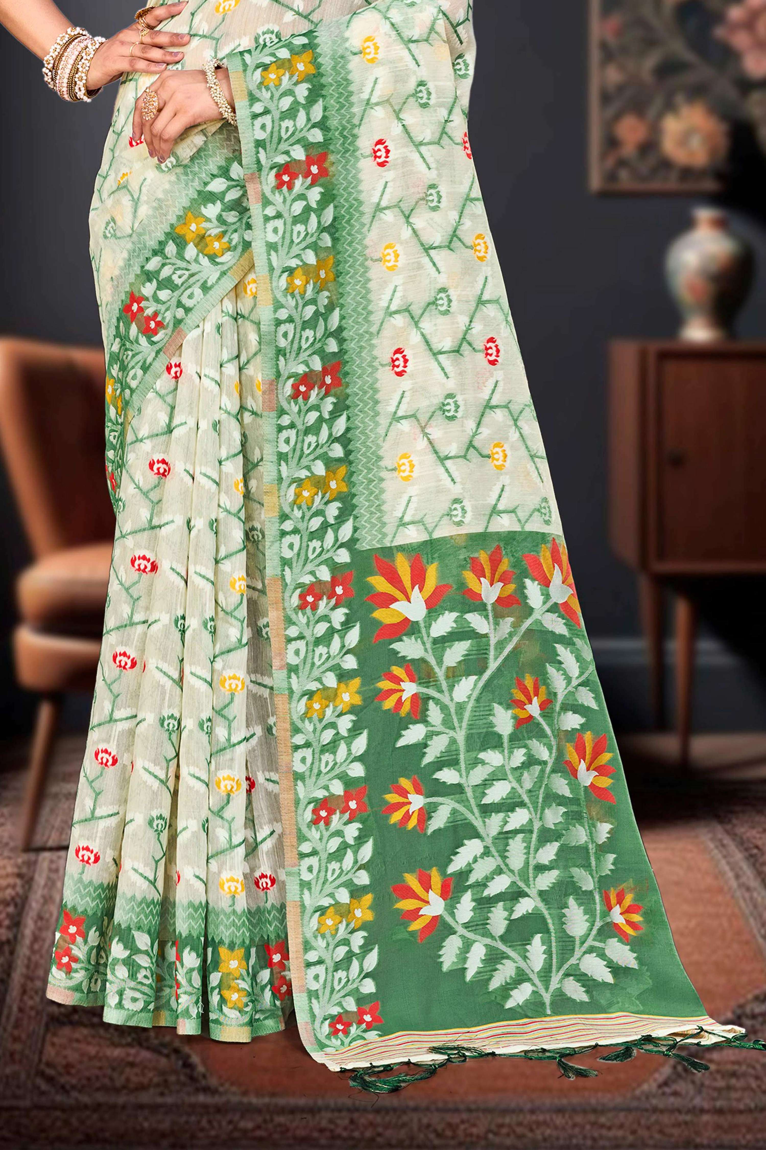 Sangam Prints Dark Green Cotton Blend Woven Work Traditional Saree - Dista
